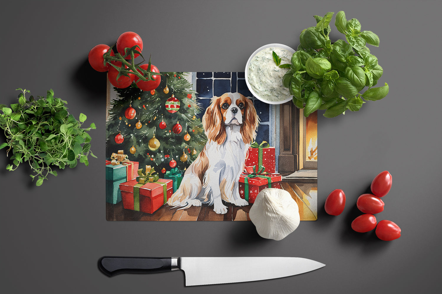 Cavalier Spaniel Cozy Christmas Cutting Board Tempered Glass Kitchen Cutting Surface, Heat Resistant Chopping, Non-Slip Feet, Food Prep & Serving