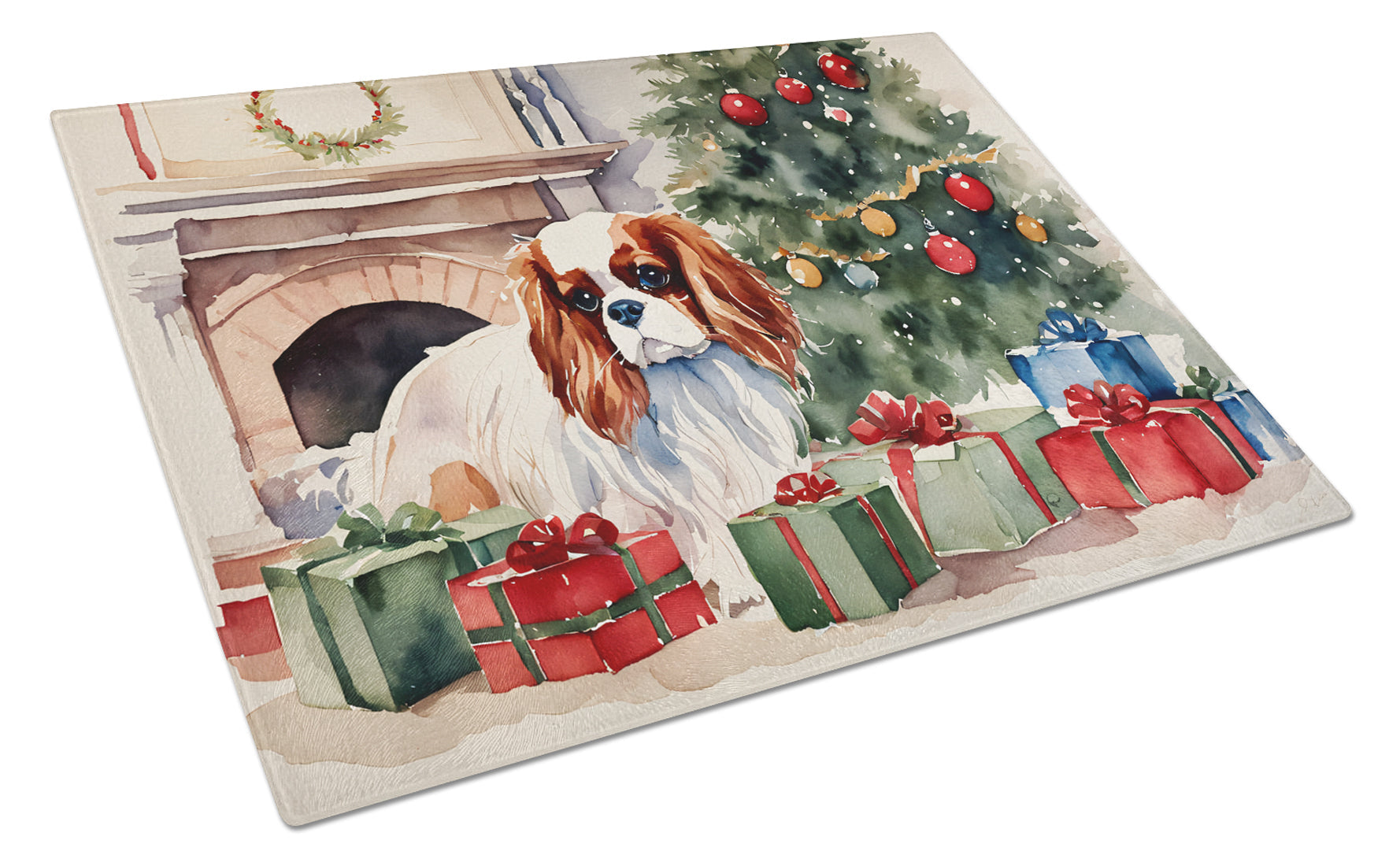 Cavalier Spaniel Cozy Christmas Cutting Board Tempered Glass Kitchen Cutting Surface, Heat Resistant Chopping, Non-Slip Feet, Food Prep & Serving