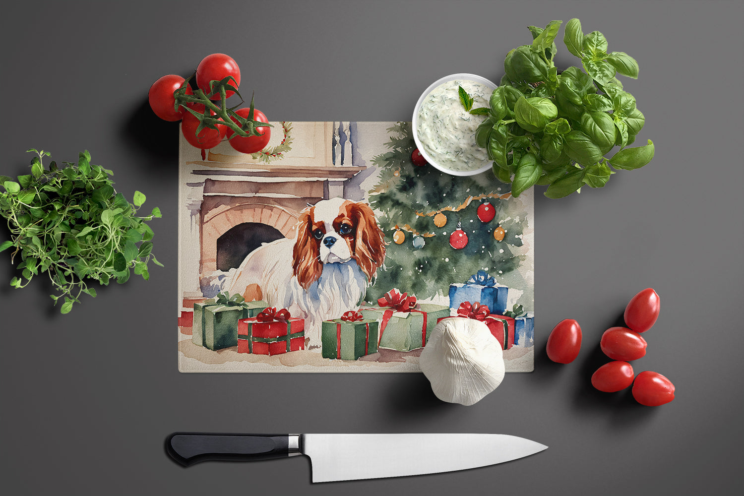 Cavalier Spaniel Cozy Christmas Cutting Board Tempered Glass Kitchen Cutting Surface, Heat Resistant Chopping, Non-Slip Feet, Food Prep & Serving