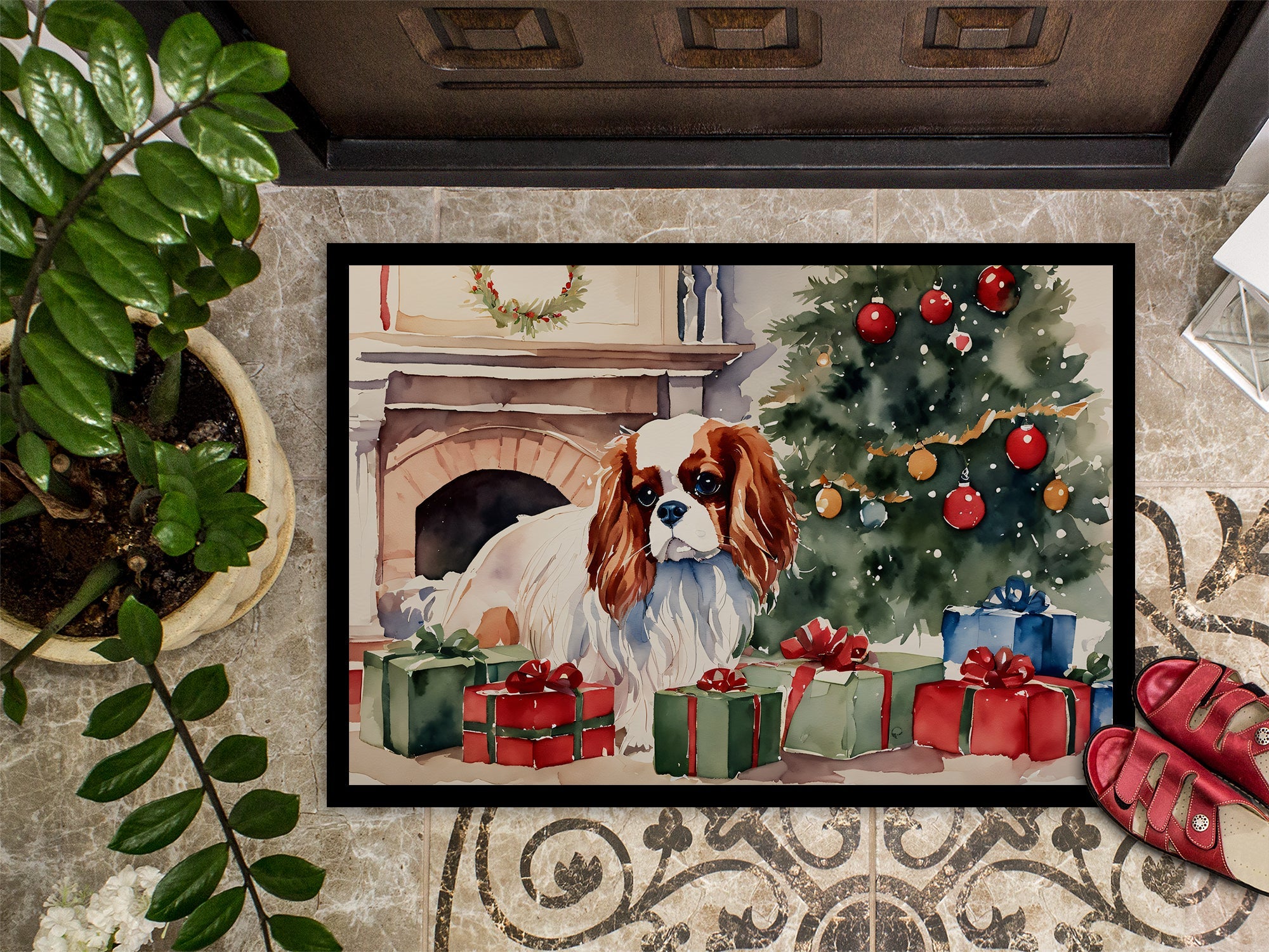 Cavalier Spaniel Cozy Christmas Doormat Indoor Outdoor 18H X 27W Front Door Mat Rugs for Entryway, Non Slip Washable