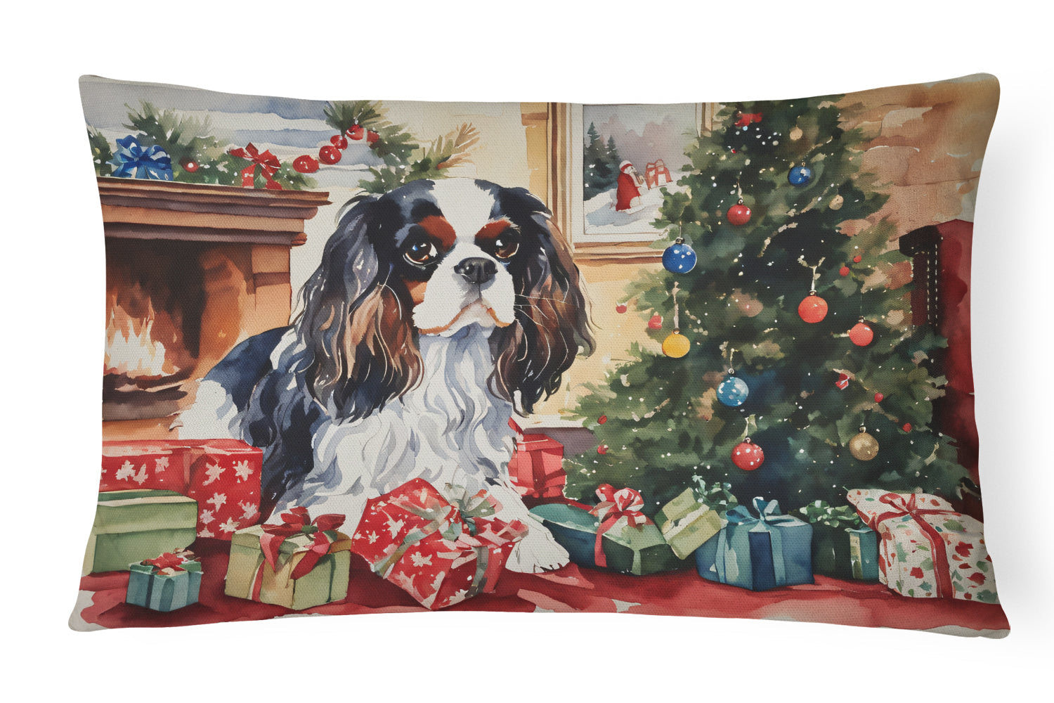 Cavalier Spaniel Cozy Christmas Decorative Throw Pillow 12x16 Indoor Outdoor Accent Cushion, Fabric Cover with Insert for Sofa, Bed, Porch & Living Room