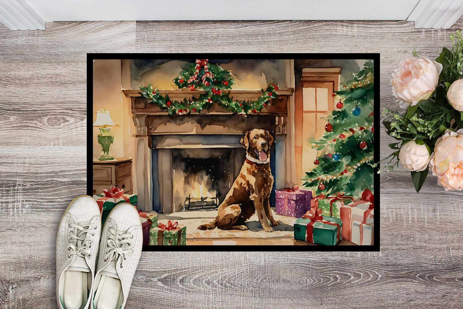 Chesapeake Bay Retriever Cozy Christmas Doormat Indoor Outdoor 18H X 27W Front Door Mat Rugs for Entryway, Non Slip Washable