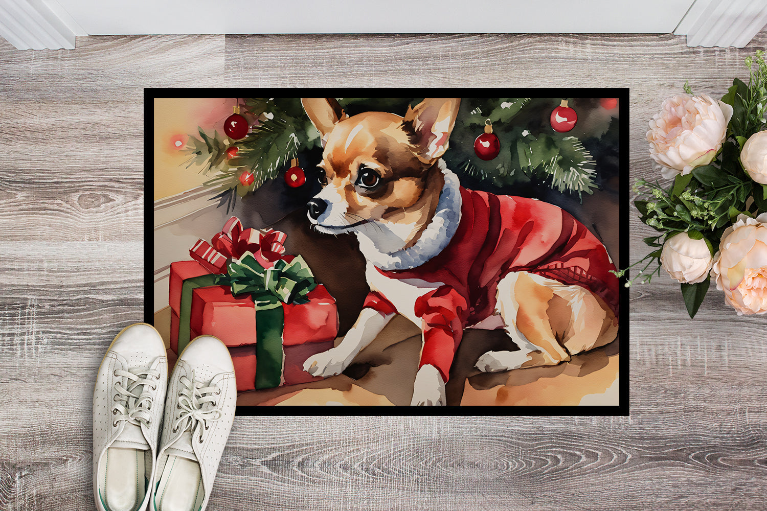 Chihuahua Cozy Christmas Doormat Indoor Outdoor 24H X 36W Front Door Mat Rugs for Entryway, Non Slip Washable Low Pile,
