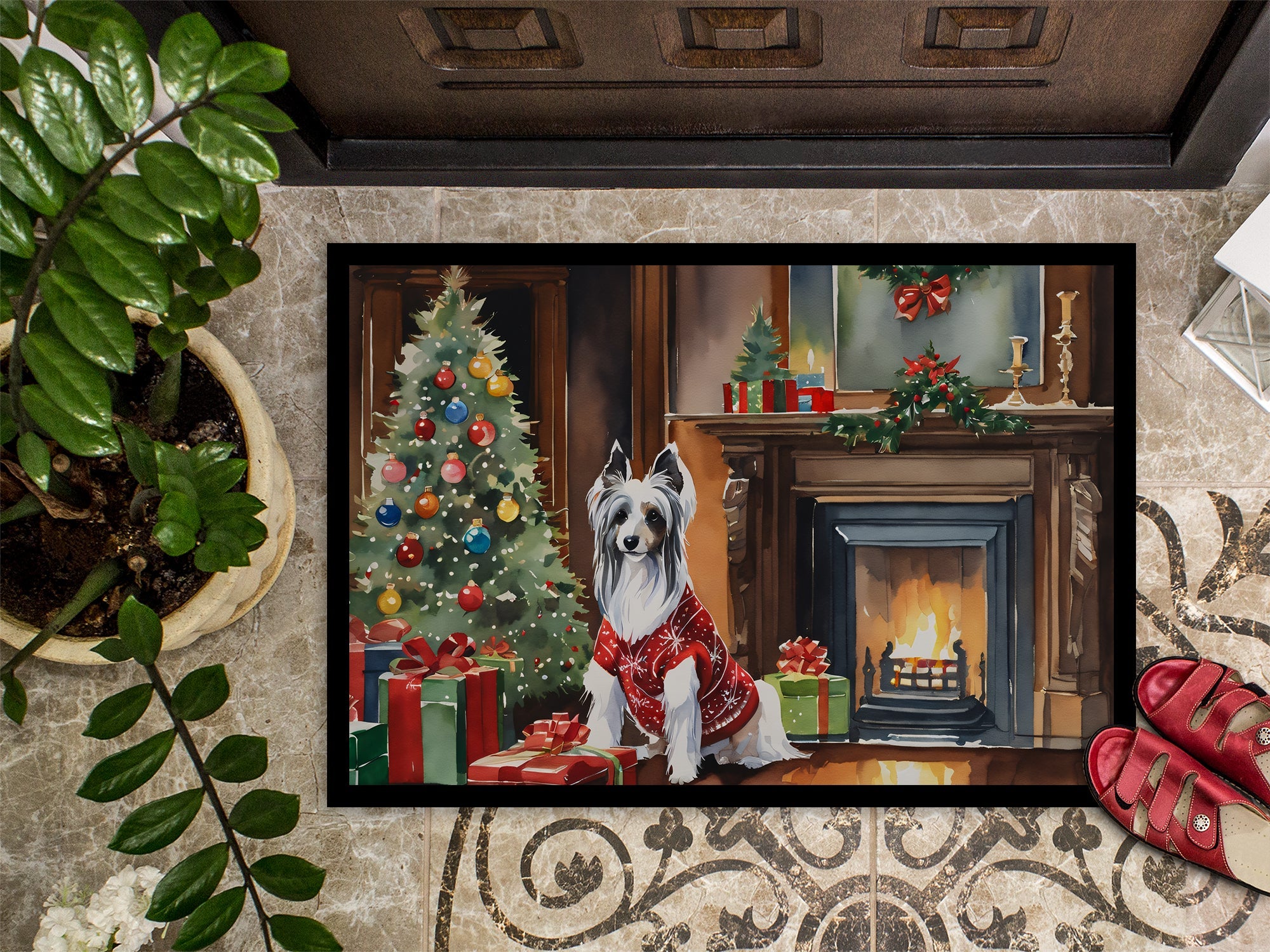 Chinese Crested Cozy Christmas Doormat Indoor Outdoor 24H X 36W Front Door Mat Rugs for Entryway, Non Slip Washable Low Pile,