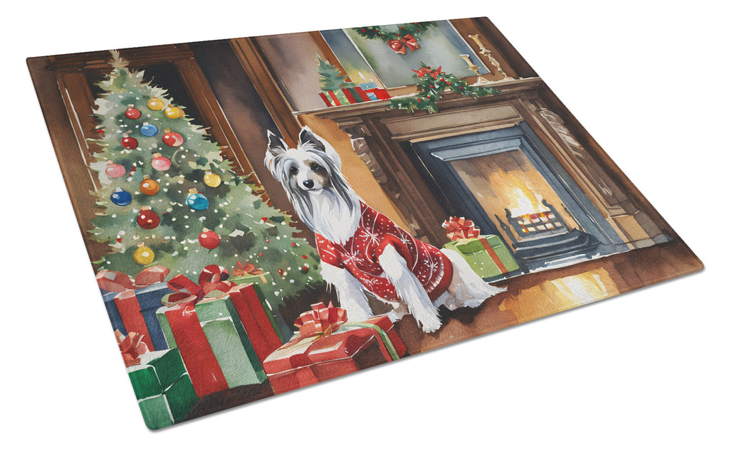 Chinese Crested Cozy Christmas Cutting Board Tempered Glass Kitchen Cutting Surface, Heat Resistant Chopping, Non-Slip Feet, Food Prep & Serving