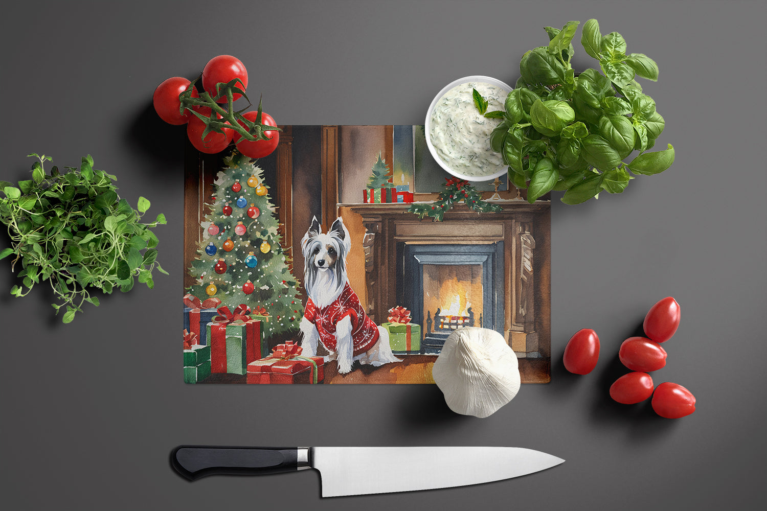 Chinese Crested Cozy Christmas Cutting Board Tempered Glass Kitchen Cutting Surface, Heat Resistant Chopping, Non-Slip Feet, Food Prep & Serving