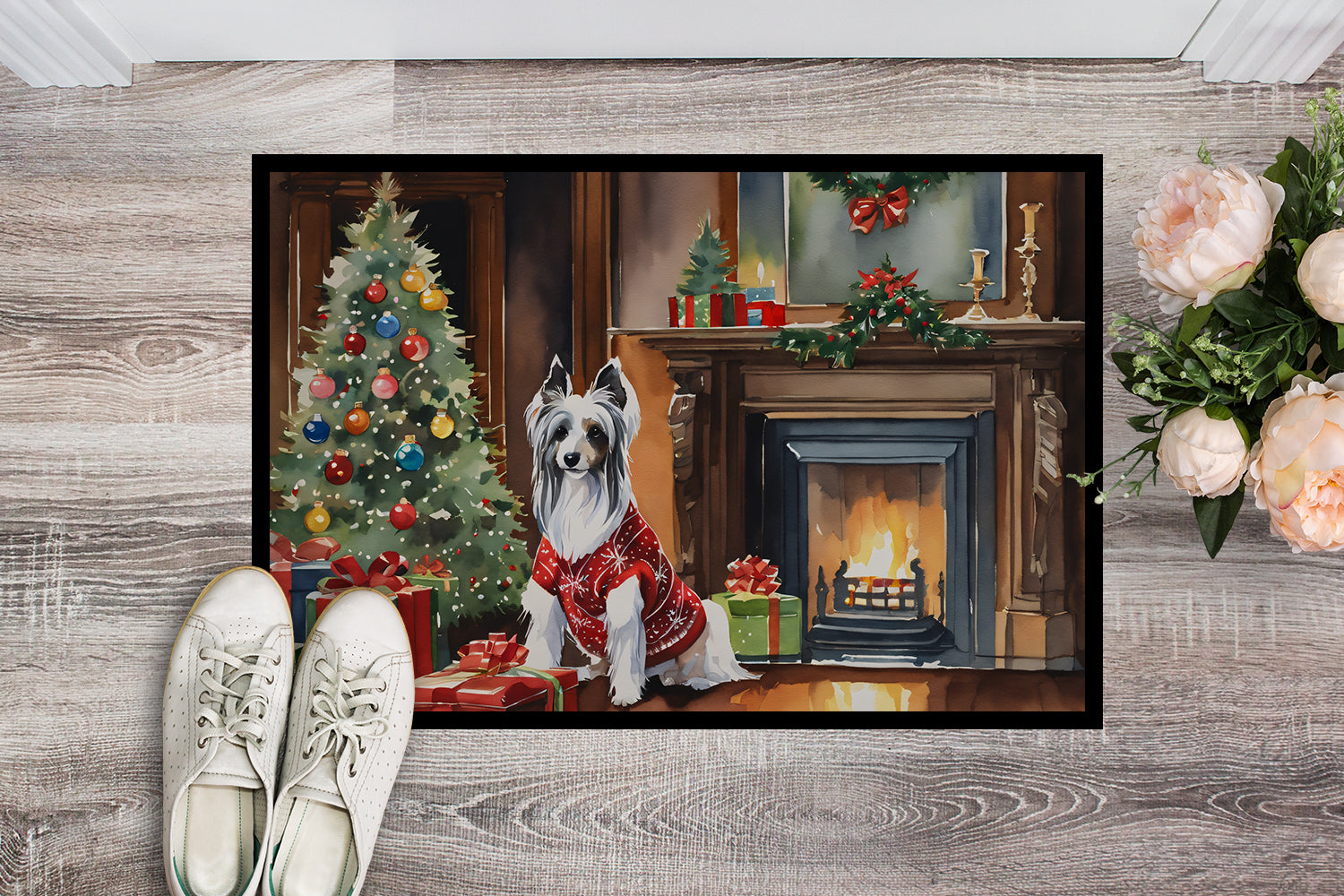 Chinese Crested Cozy Christmas Doormat Indoor Outdoor 18H X 27W Front Door Mat Rugs for Entryway, Non Slip Washable
