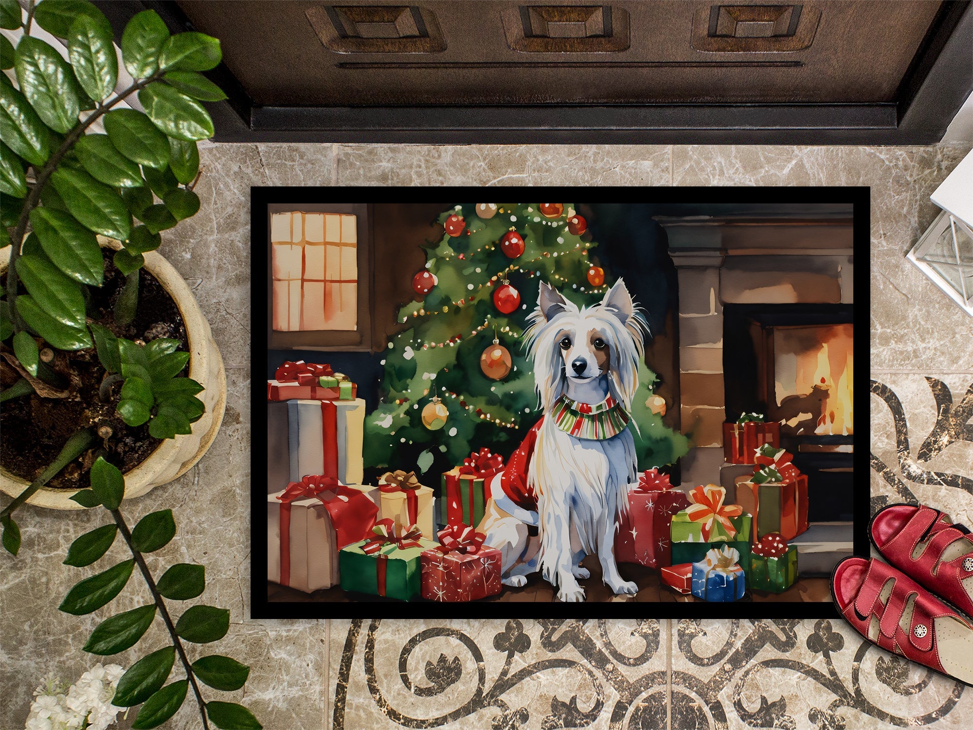 Chinese Crested Cozy Christmas Doormat Indoor Outdoor 24H X 36W Front Door Mat Rugs for Entryway, Non Slip Washable Low Pile,