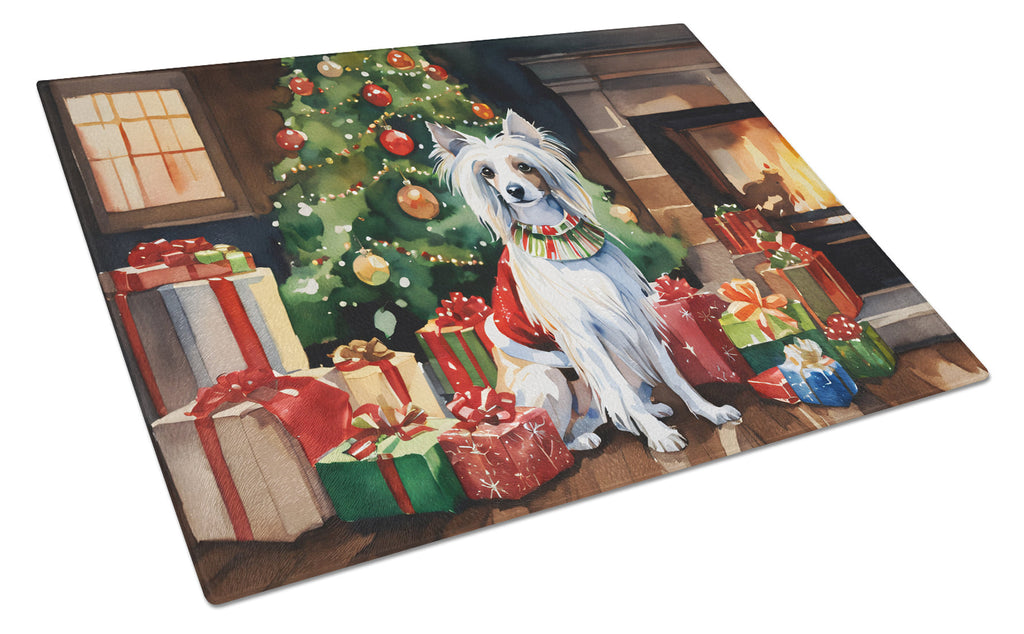 Chinese Crested Cozy Christmas Cutting Board Tempered Glass Kitchen Cutting Surface, Heat Resistant Chopping, Non-Slip Feet, Food Prep & Serving