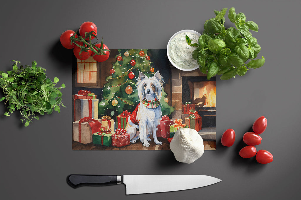Chinese Crested Cozy Christmas Cutting Board Tempered Glass Kitchen Cutting Surface, Heat Resistant Chopping, Non-Slip Feet, Food Prep & Serving