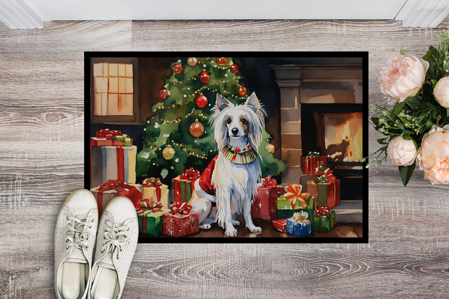 Chinese Crested Cozy Christmas Doormat Indoor Outdoor 18H X 27W Front Door Mat Rugs for Entryway, Non Slip Washable
