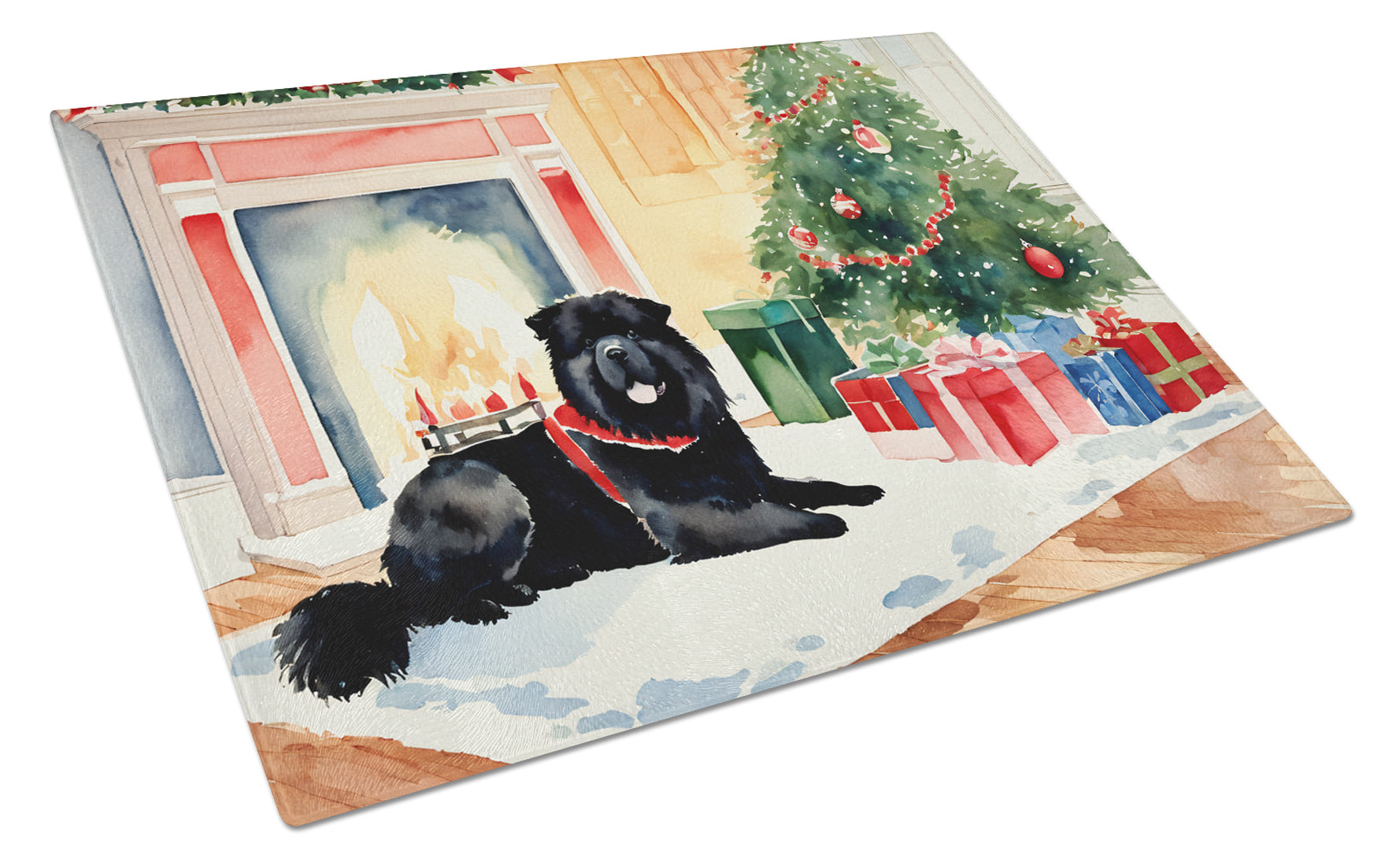 Chow Chow Cozy Christmas Cutting Board Tempered Glass Kitchen Cutting Surface, Heat Resistant Chopping, Non-Slip Feet, Food Prep & Serving