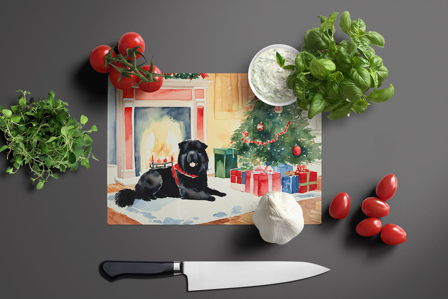 Chow Chow Cozy Christmas Cutting Board Tempered Glass Kitchen Cutting Surface, Heat Resistant Chopping, Non-Slip Feet, Food Prep & Serving