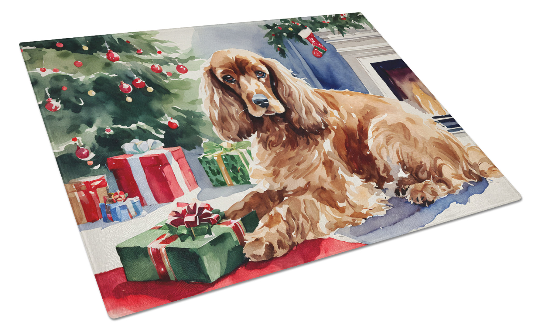 Cocker Spaniel Cozy Christmas Cutting Board Tempered Glass Kitchen Cutting Surface, Heat Resistant Chopping, Non-Slip Feet, Food Prep & Serving