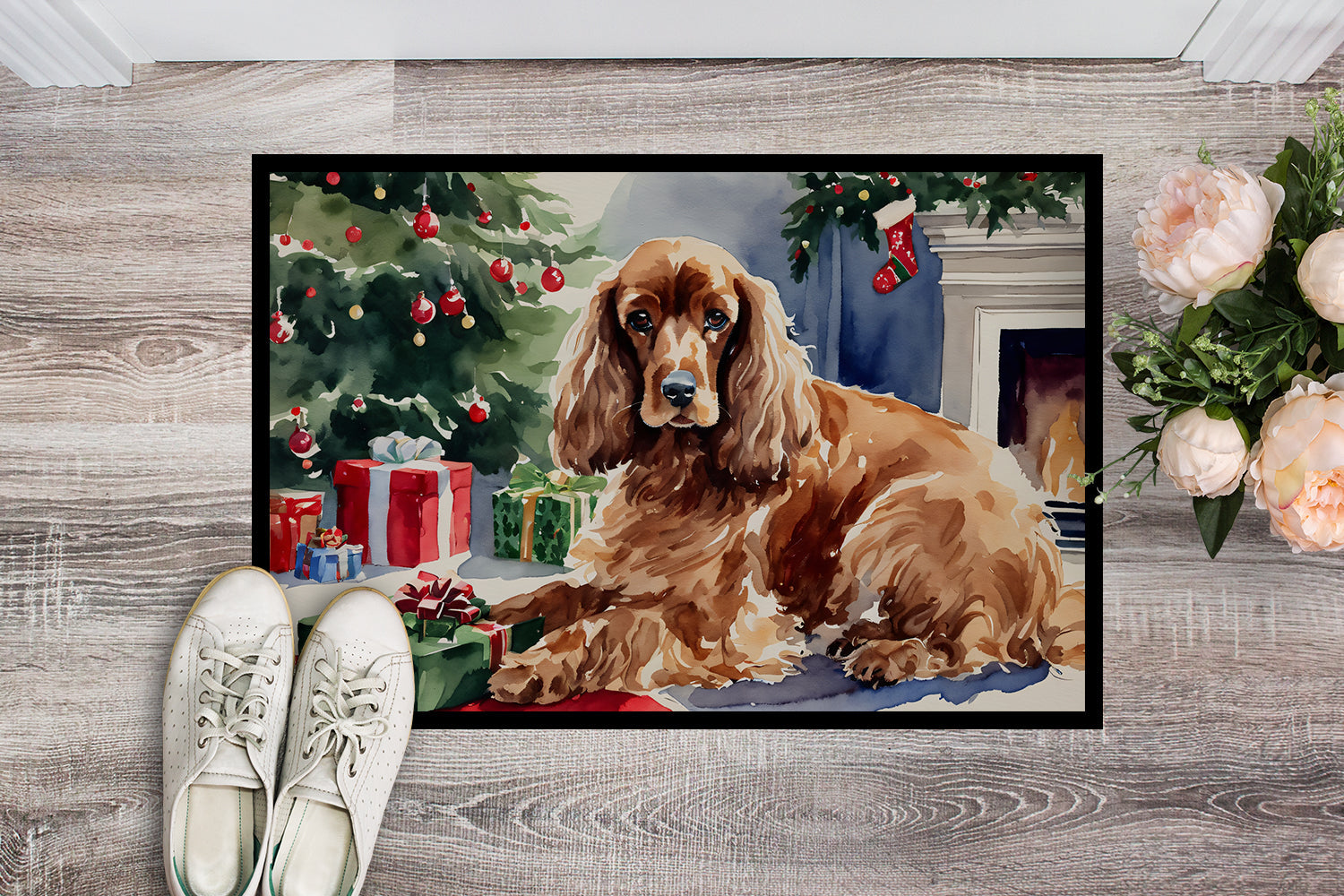 Cocker Spaniel Cozy Christmas Doormat Indoor Outdoor 18H X 27W Front Door Mat Rugs for Entryway, Non Slip Washable