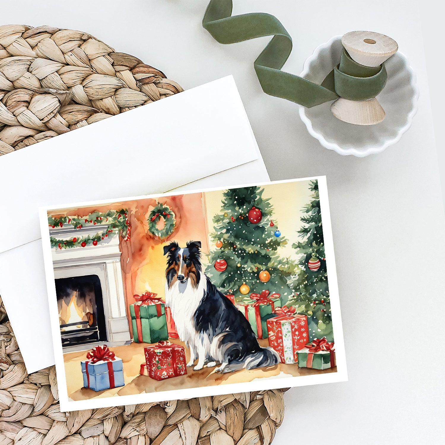 Collie Cozy Christmas Greeting Cards Pack of 8 Blank Cards with Envelopes Whimsical A7 Size 5x7