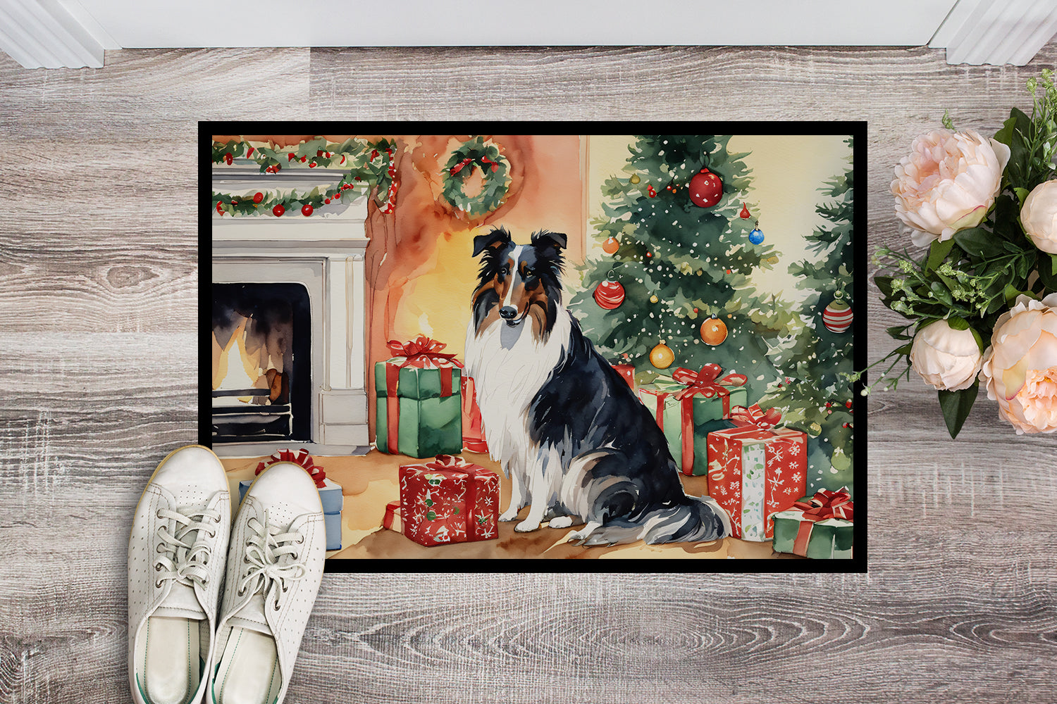 Collie Cozy Christmas Doormat Indoor Outdoor 24H X 36W Front Door Mat Rugs for Entryway, Non Slip Washable Low Pile,