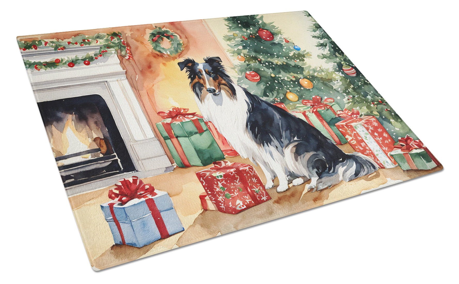 Collie Cozy Christmas Cutting Board Tempered Glass Kitchen Cutting Surface, Heat Resistant Chopping, Non-Slip Feet, Food Prep & Serving