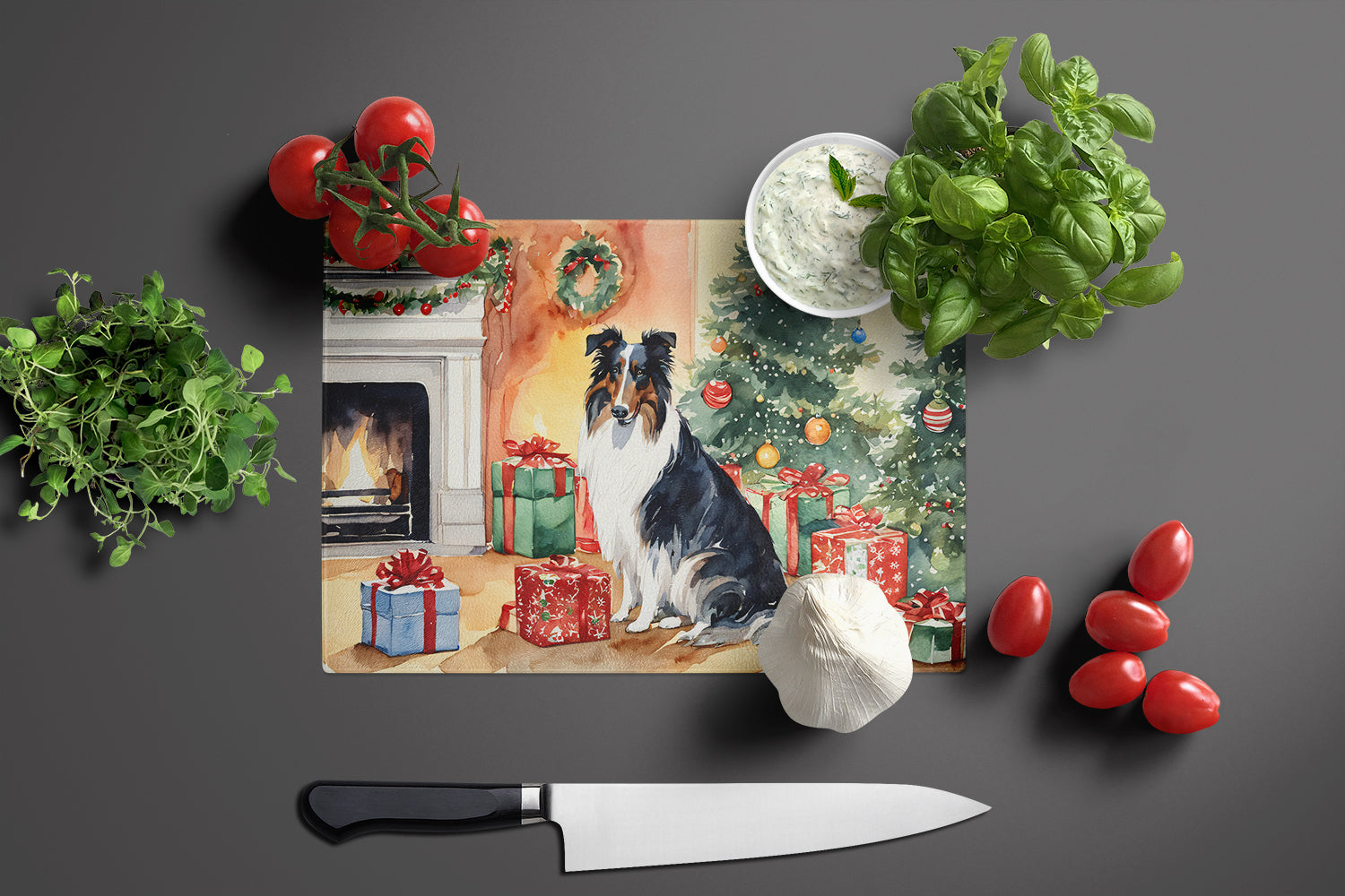 Collie Cozy Christmas Cutting Board Tempered Glass Kitchen Cutting Surface, Heat Resistant Chopping, Non-Slip Feet, Food Prep & Serving