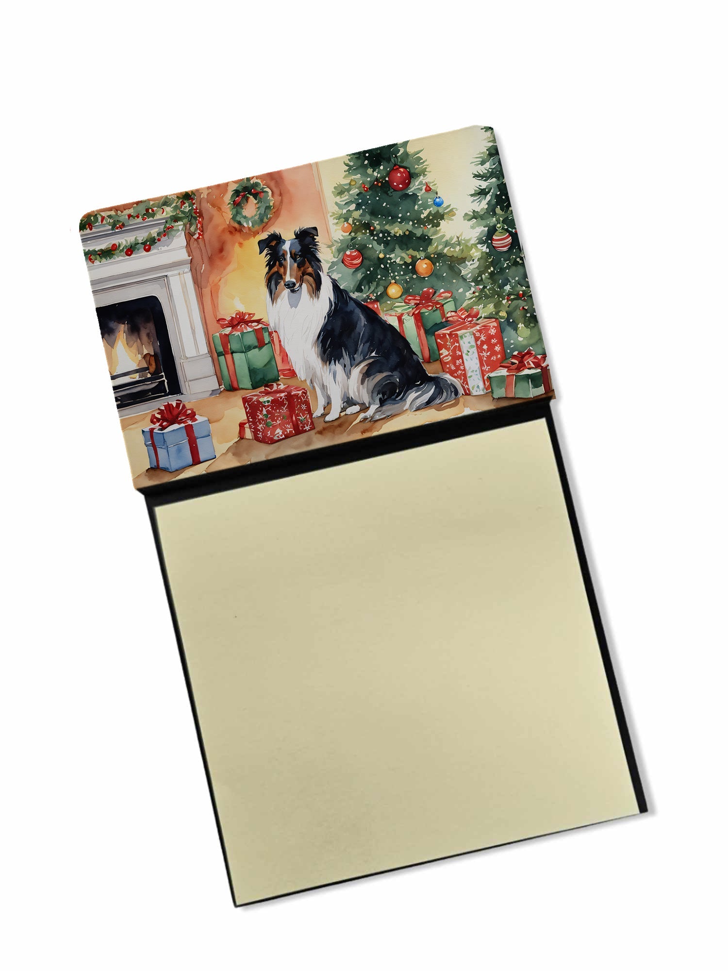 Collie Cozy Christmas Watercolor Sticky Note Holder Refillable Dispenser Desk Accessory 3x3 Pad Gift