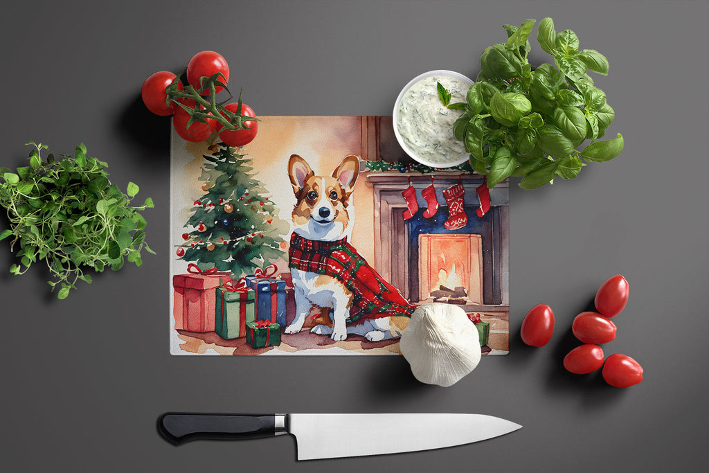 Corgi Cozy Christmas Cutting Board Tempered Glass Kitchen Cutting Surface, Heat Resistant Chopping, Non-Slip Feet, Food Prep & Serving