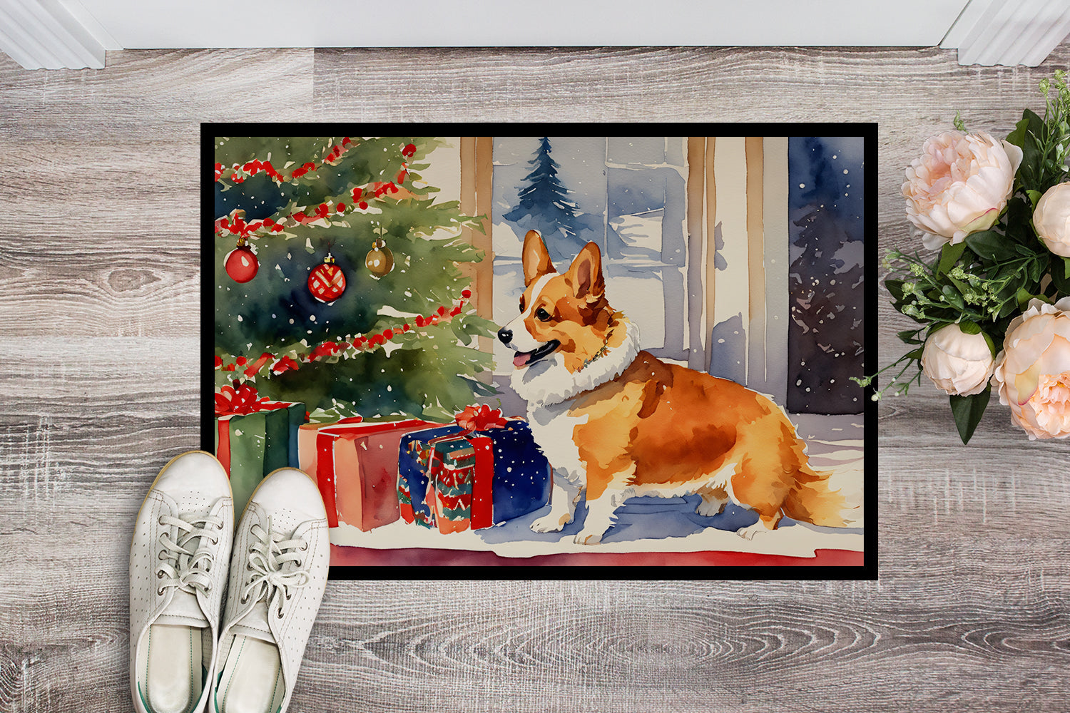 Corgi Cozy Christmas Doormat Indoor Outdoor 18H X 27W Front Door Mat Rugs for Entryway, Non Slip Washable