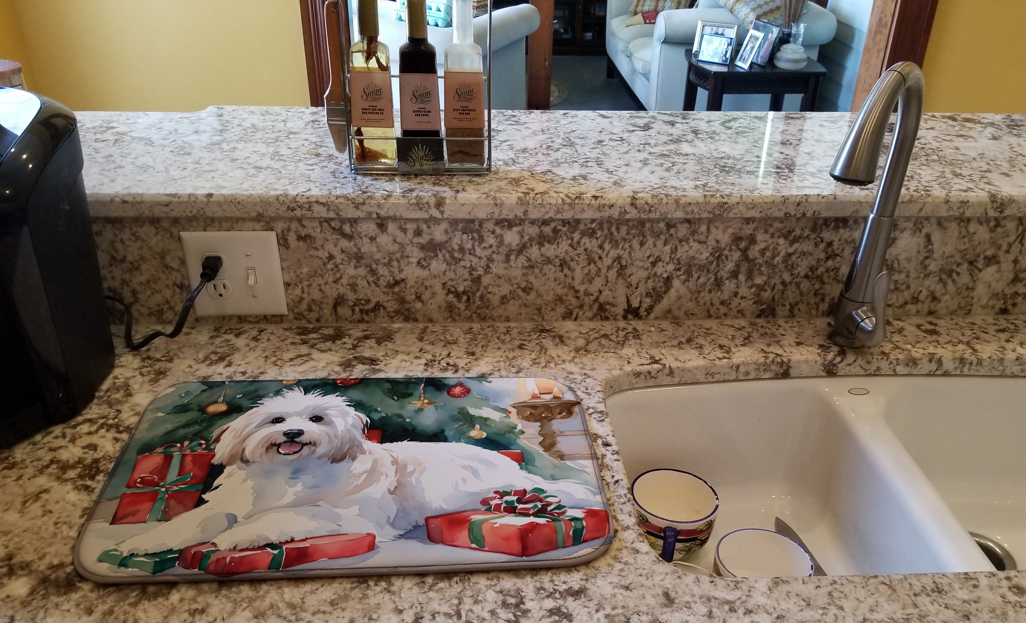 Coton De Tulear Cozy Christmas Dish Drying Mat Absorbent Dish Drying Mat Pad for Kitchen Counter Dish Drainer Mat for Countertop, 14 x 21", Multicolor