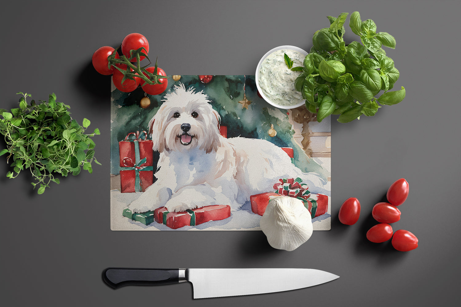Coton De Tulear Cozy Christmas Cutting Board Tempered Glass Kitchen Cutting Surface, Heat Resistant Chopping, Non-Slip Feet, Food Prep & Serving
