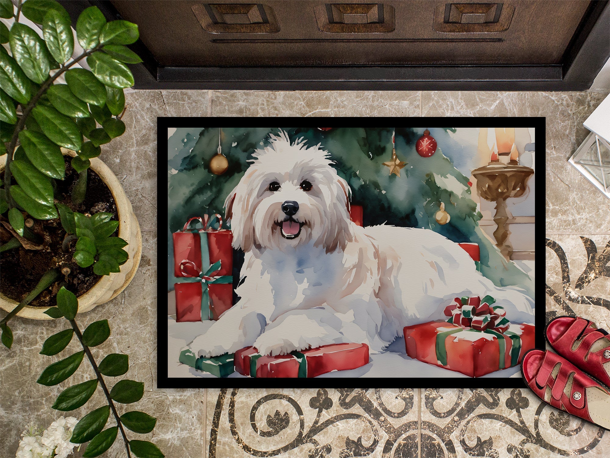 Coton De Tulear Cozy Christmas Doormat Indoor Outdoor 18H X 27W Front Door Mat Rugs for Entryway, Non Slip Washable