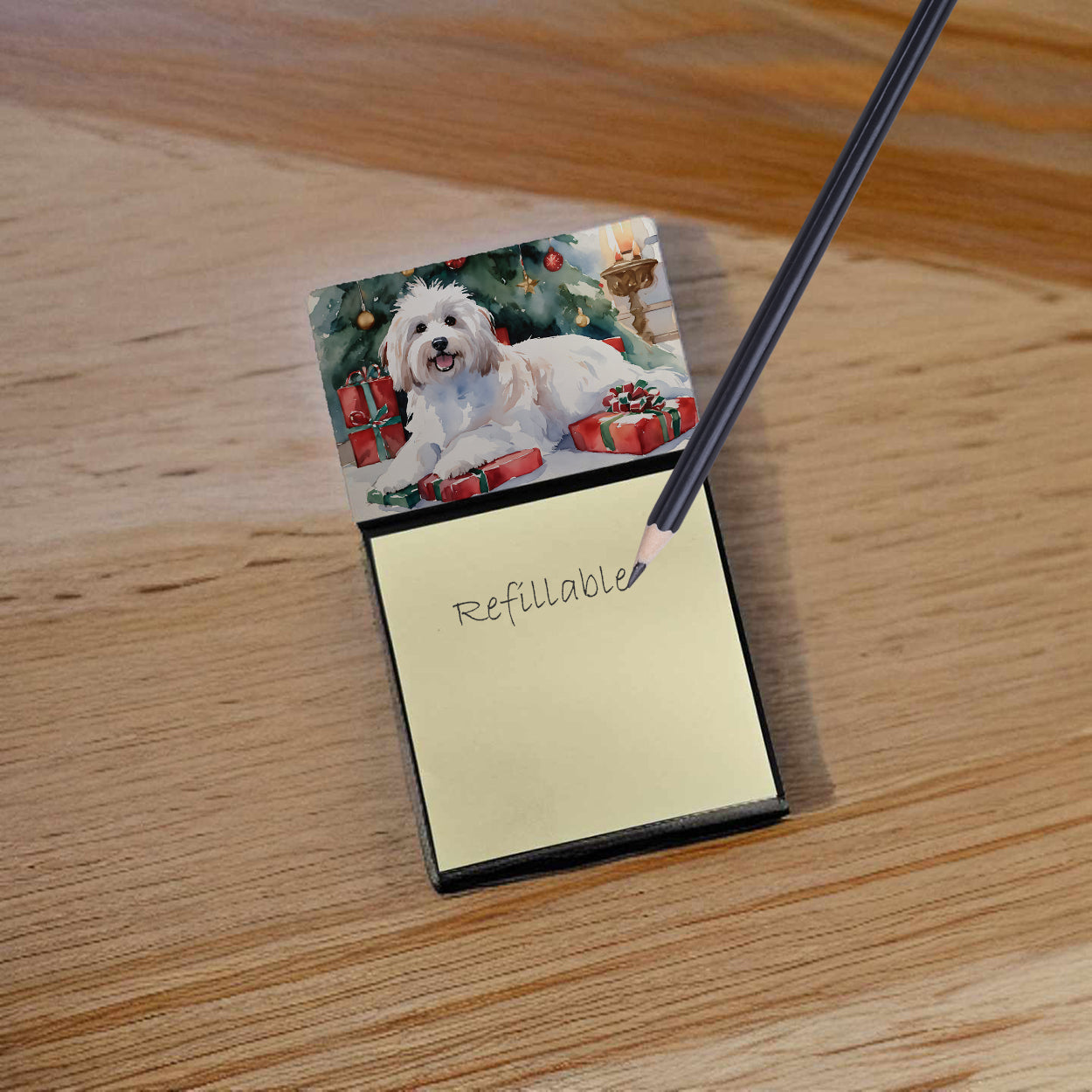 Coton De Tulear Cozy Christmas Watercolor Sticky Note Holder Refillable Dispenser Desk Accessory 3x3 Pad Gift