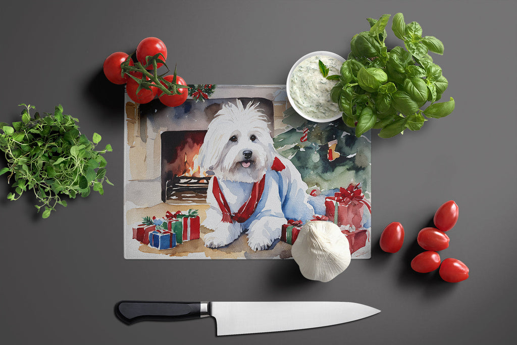 Coton De Tulear Cozy Christmas Cutting Board Tempered Glass Kitchen Cutting Surface, Heat Resistant Chopping, Non-Slip Feet, Food Prep & Serving