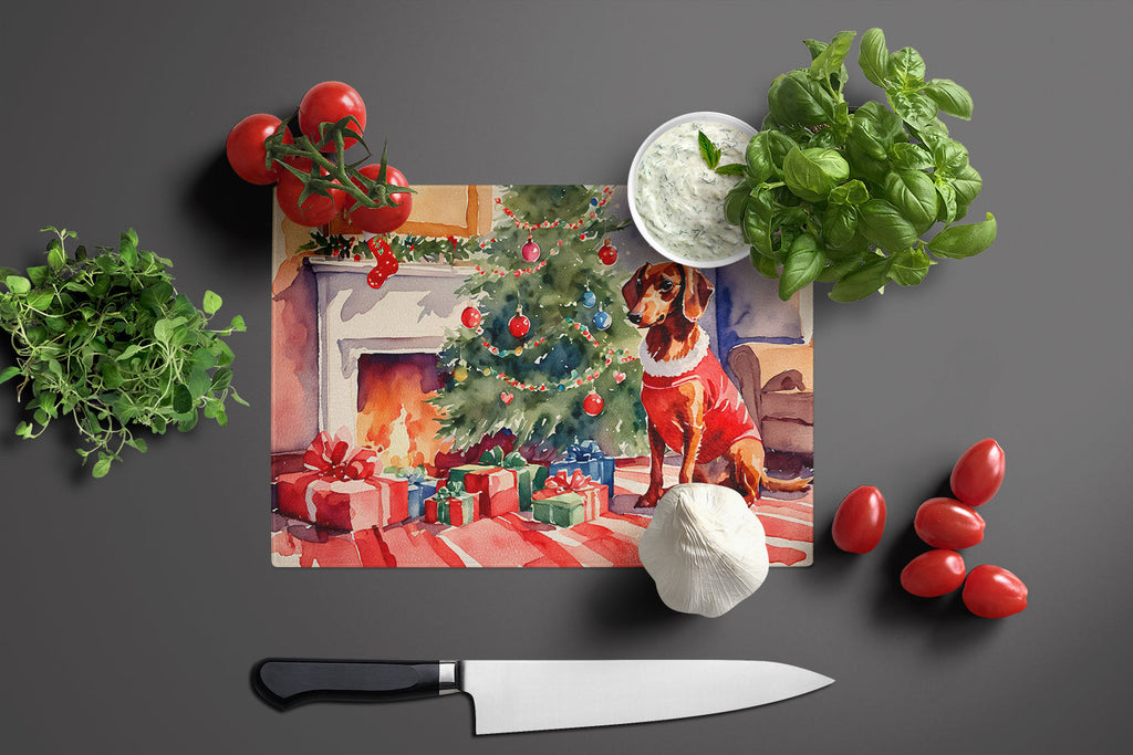 Dachshund Cozy Christmas Cutting Board Tempered Glass Kitchen Cutting Surface, Heat Resistant Chopping, Non-Slip Feet, Food Prep & Serving