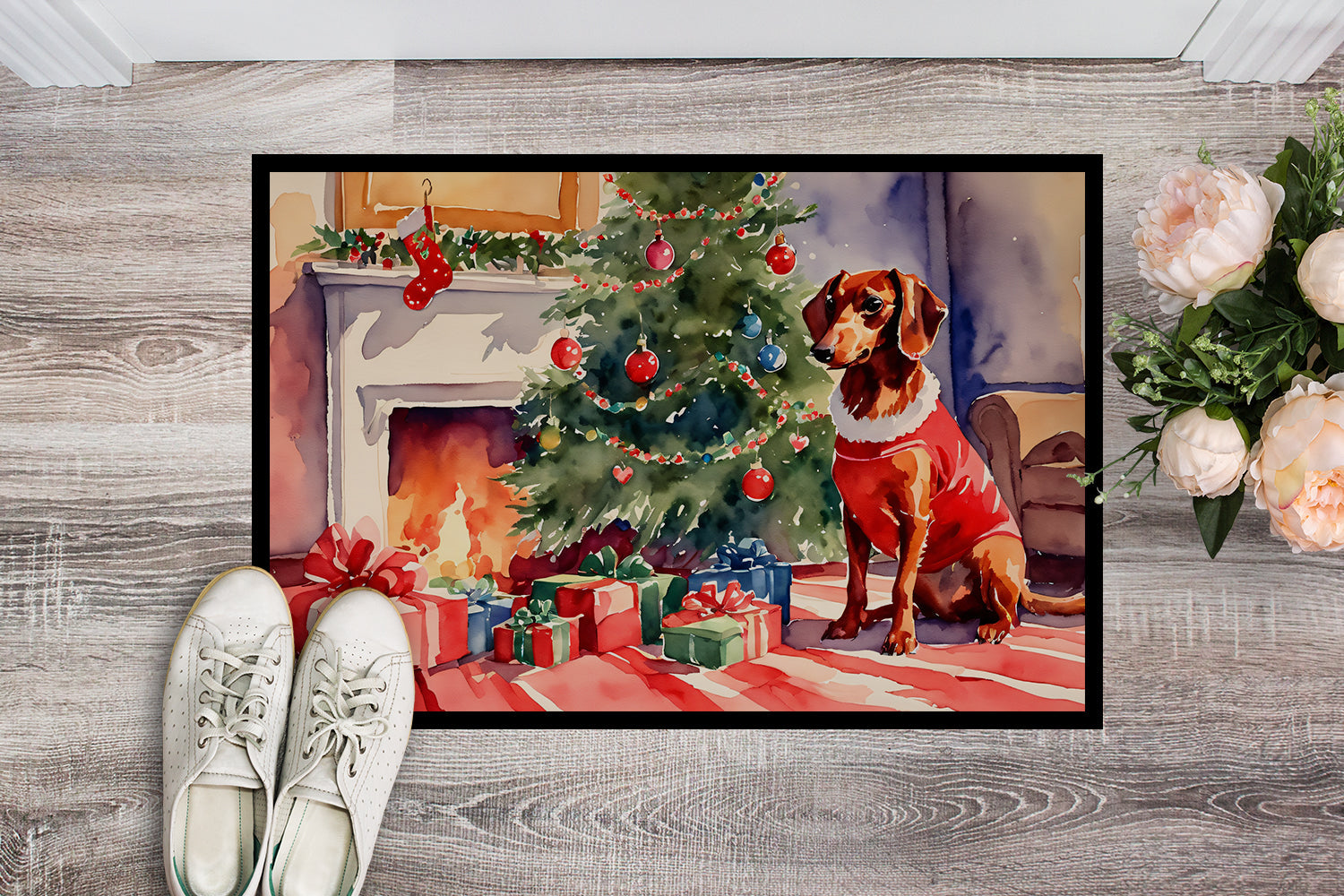 Dachshund Cozy Christmas Doormat Indoor Outdoor 18H X 27W Front Door Mat Rugs for Entryway, Non Slip Washable