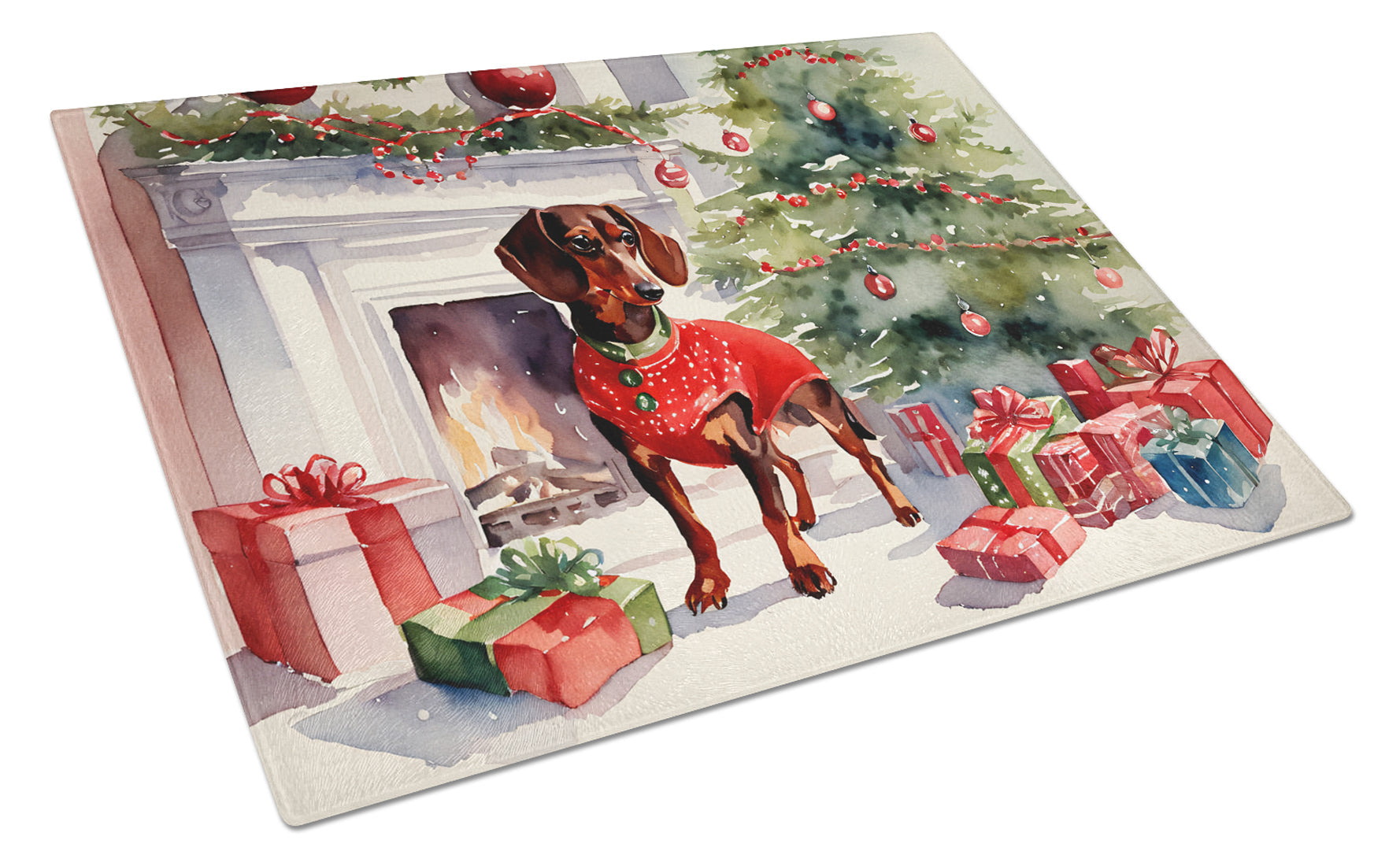Dachshund Cozy Christmas Cutting Board Tempered Glass Kitchen Cutting Surface, Heat Resistant Chopping, Non-Slip Feet, Food Prep & Serving
