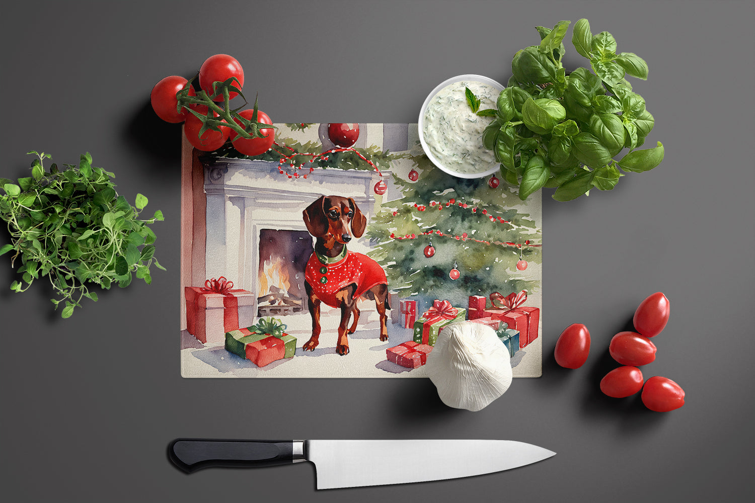 Dachshund Cozy Christmas Cutting Board Tempered Glass Kitchen Cutting Surface, Heat Resistant Chopping, Non-Slip Feet, Food Prep & Serving
