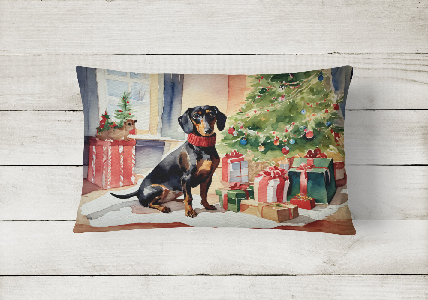 Dachshund Cozy Christmas Decorative Throw Pillow 12x16 Indoor Outdoor Accent Cushion, Fabric Cover with Insert for Sofa, Bed, Porch & Living Room