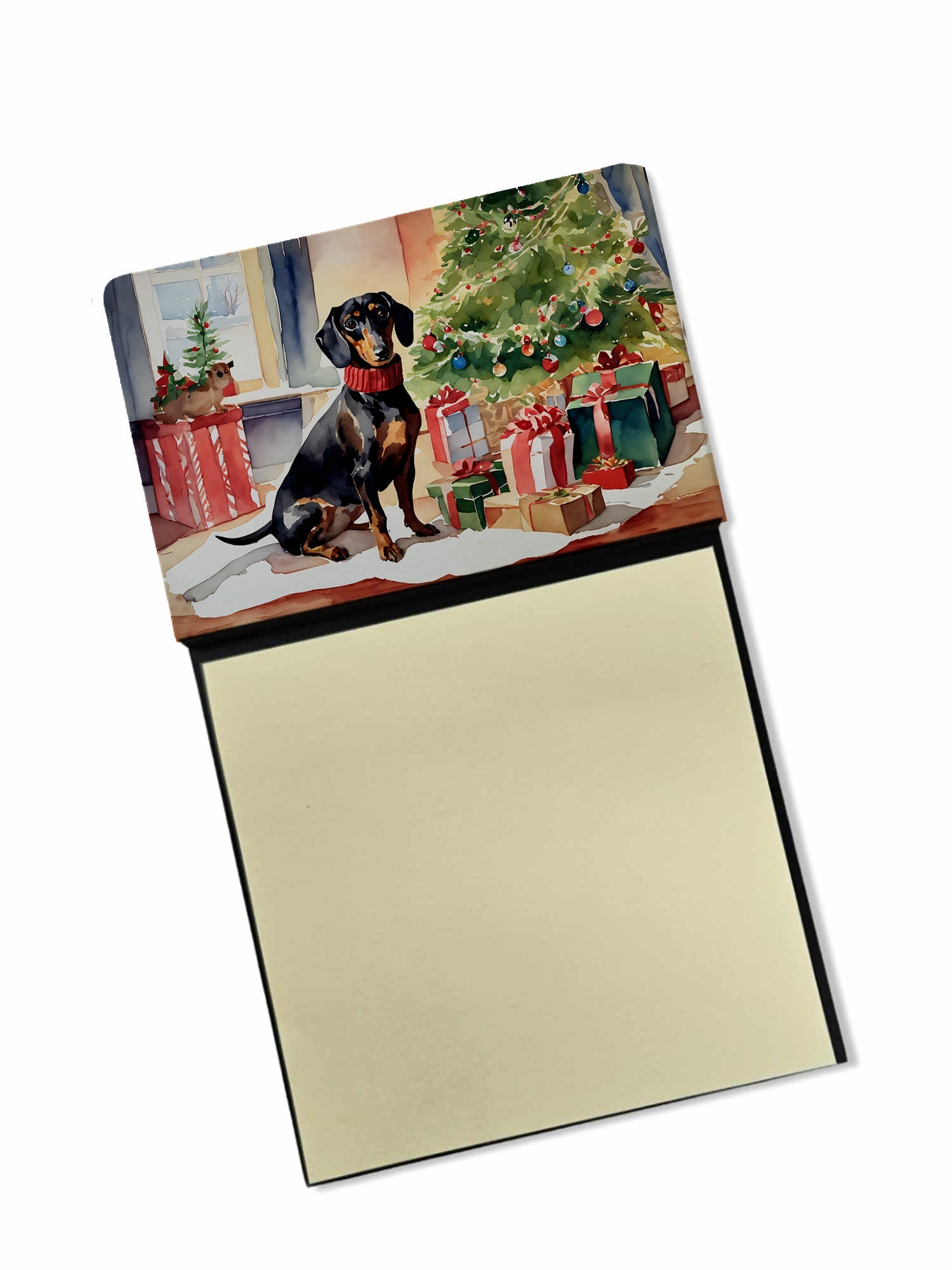 Dachshund Cozy Christmas Watercolor Sticky Note Holder Refillable Dispenser Desk Accessory 3x3 Pad Gift