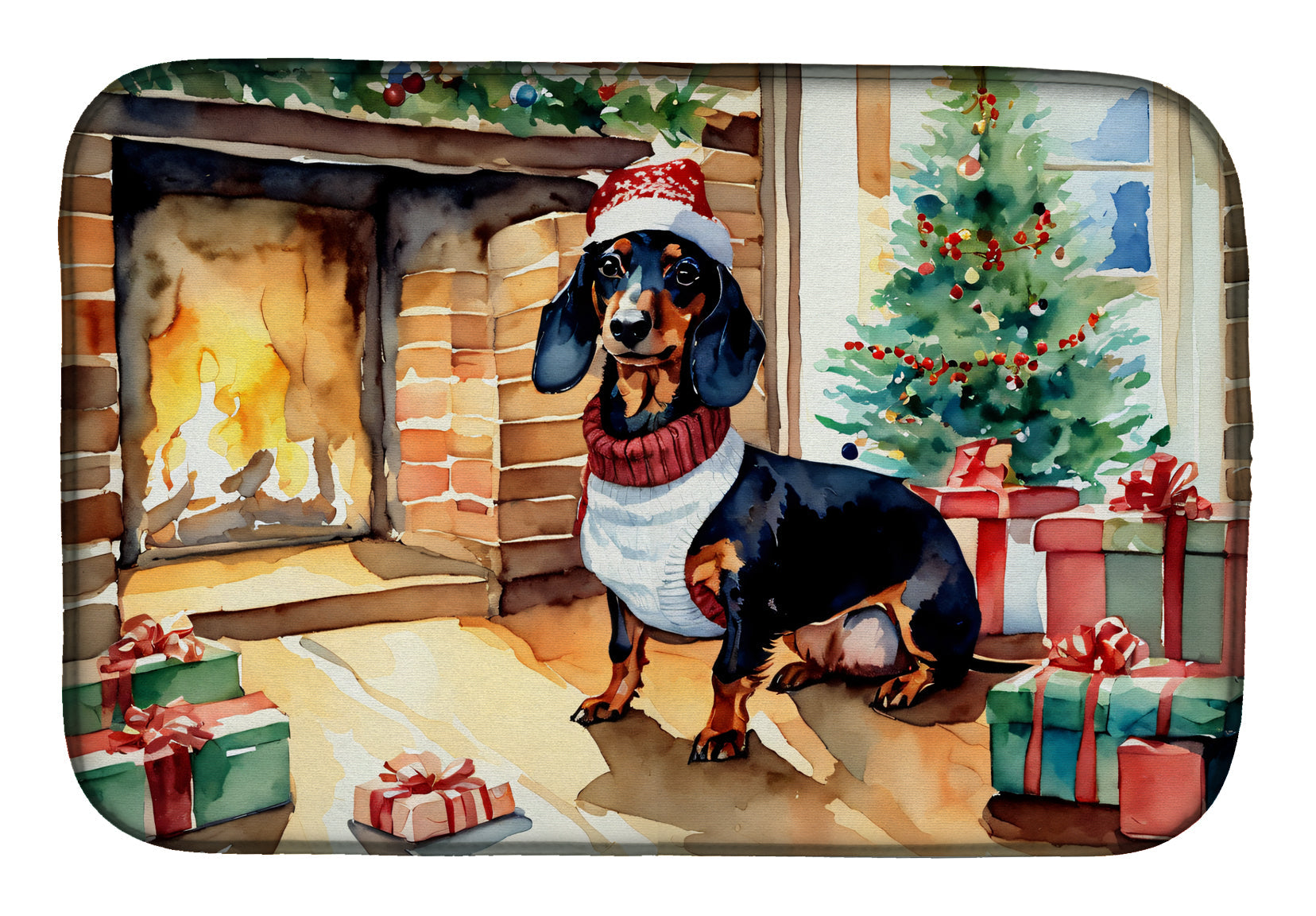 Dachshund Cozy Christmas Dish Drying Mat Absorbent Dish Drying Mat Pad for Kitchen Counter Dish Drainer Mat for Countertop, 14 x 21", Multicolor