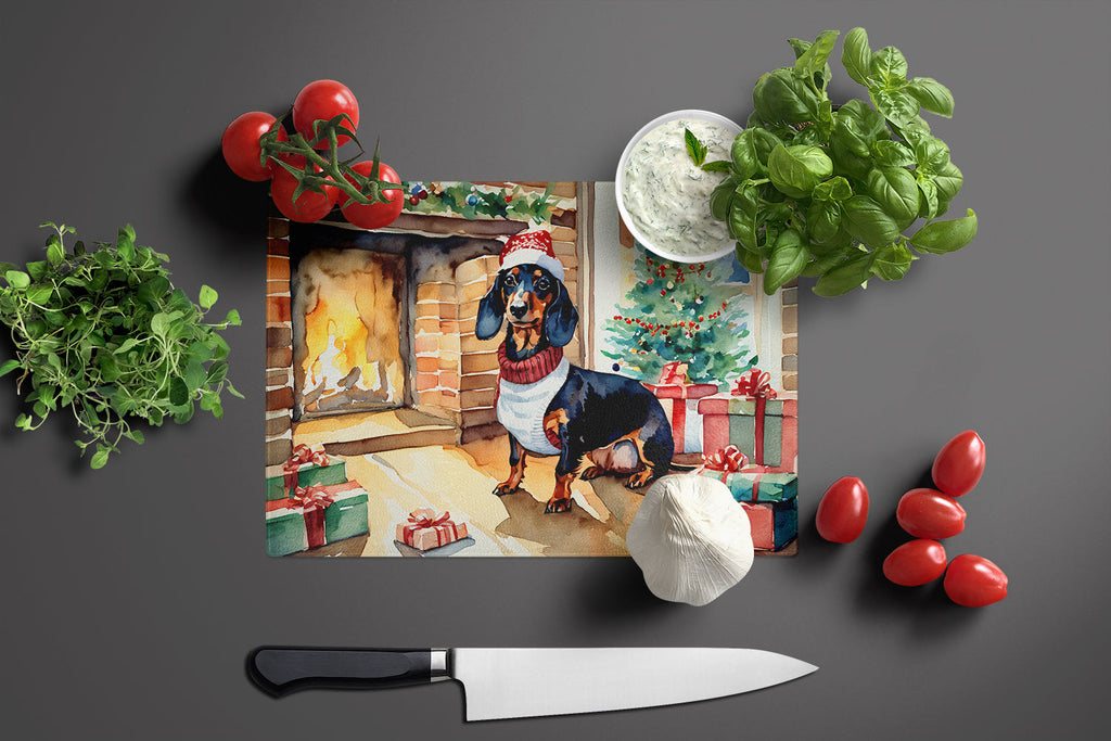 Dachshund Cozy Christmas Cutting Board Tempered Glass Kitchen Cutting Surface, Heat Resistant Chopping, Non-Slip Feet, Food Prep & Serving