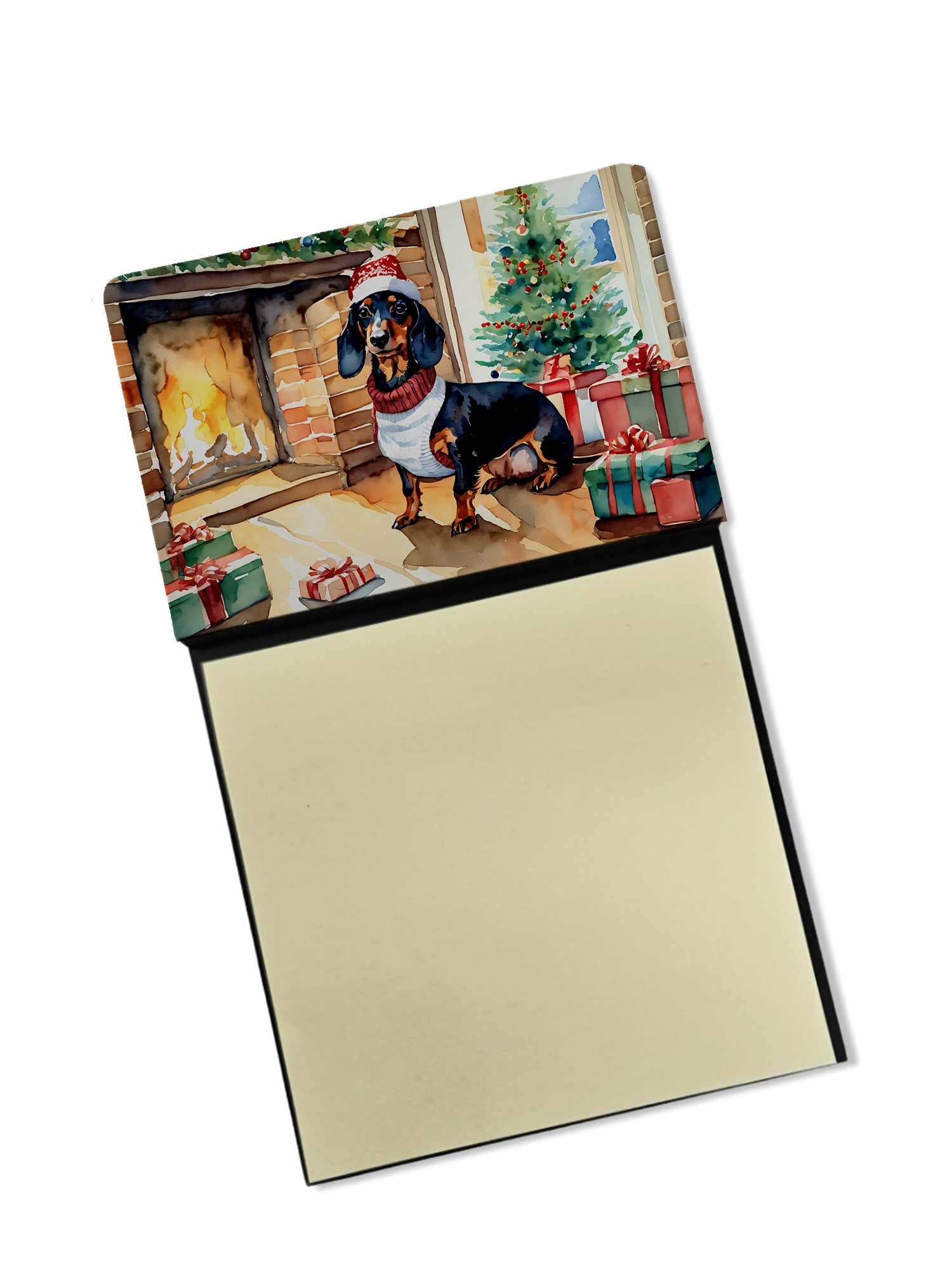 Dachshund Cozy Christmas Watercolor Sticky Note Holder Refillable Dispenser Desk Accessory 3x3 Pad Gift