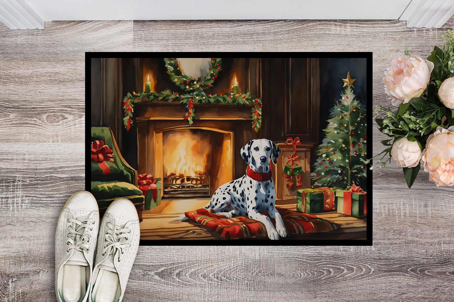 Dalmatian Cozy Christmas Doormat Indoor Outdoor 18H X 27W Front Door Mat Rugs for Entryway, Non Slip Washable