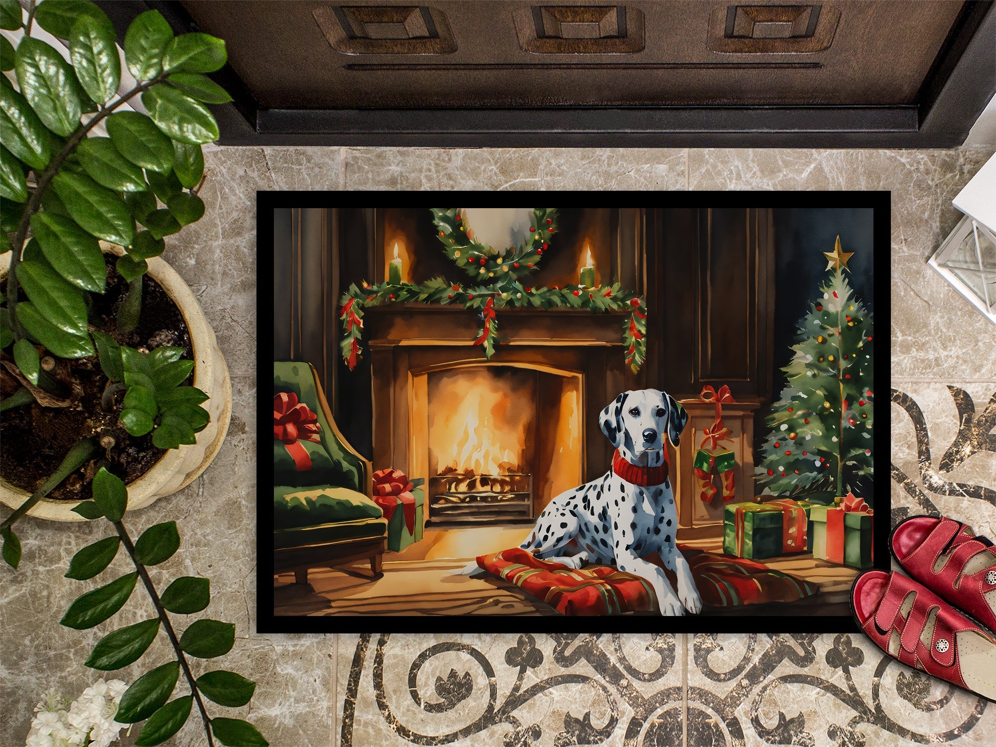 Dalmatian Cozy Christmas Doormat Indoor Outdoor 18H X 27W Front Door Mat Rugs for Entryway, Non Slip Washable