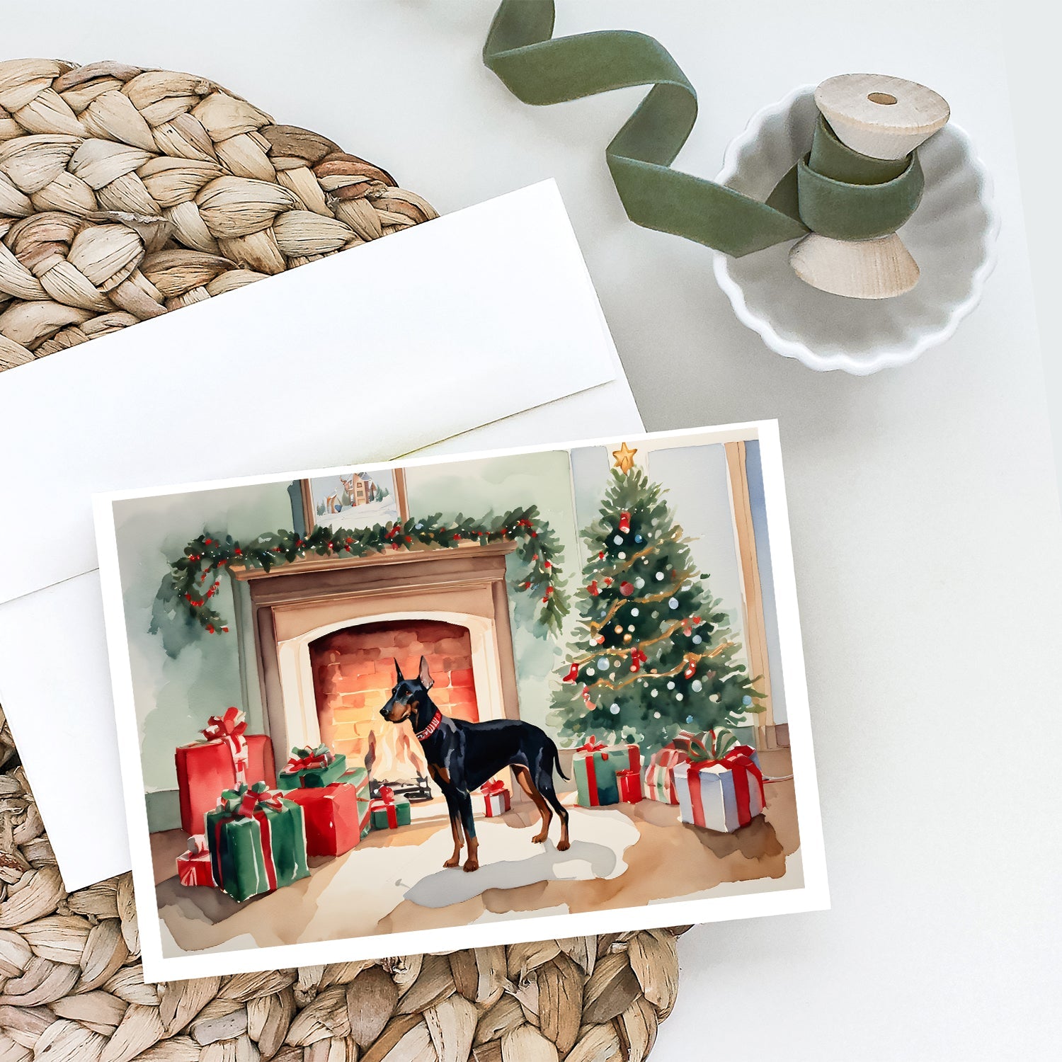 Doberman Pinscher Cozy Christmas Greeting Cards Pack of 8 Blank Cards with Envelopes Whimsical A7 Size 5x7