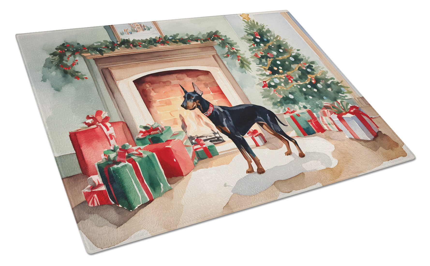 Doberman Pinscher Cozy Christmas Cutting Board Tempered Glass Kitchen Cutting Surface, Heat Resistant Chopping, Non-Slip Feet, Food Prep & Serving