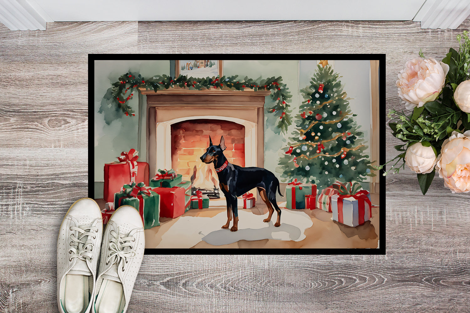Doberman Pinscher Cozy Christmas Doormat Indoor Outdoor 18H X 27W Front Door Mat Rugs for Entryway, Non Slip Washable