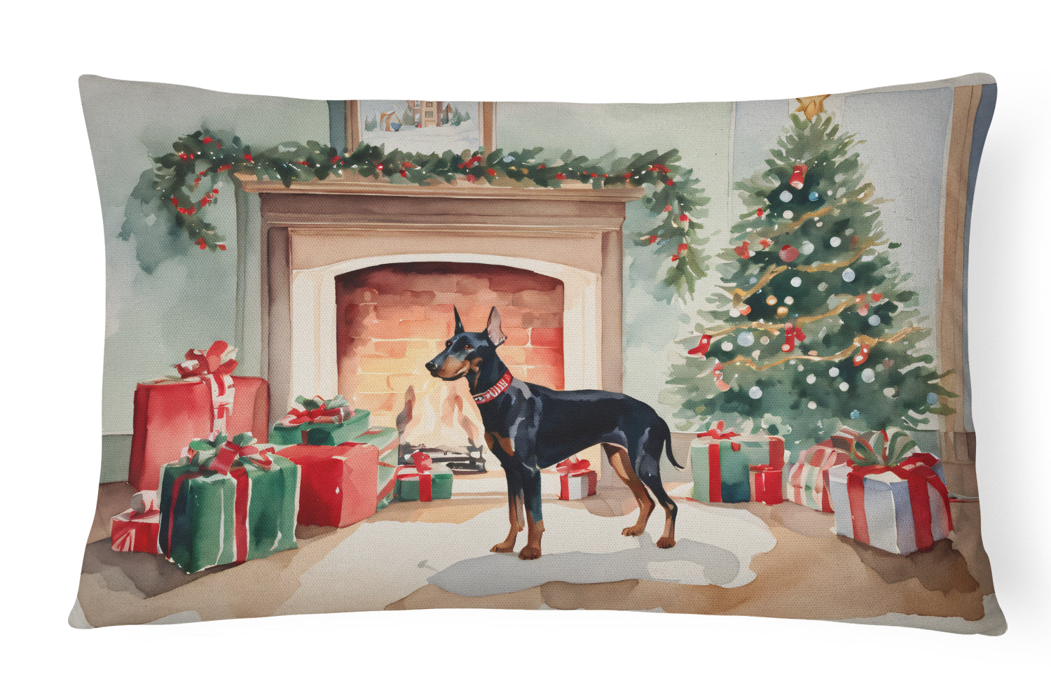 Doberman Pinscher Cozy Christmas Decorative Throw Pillow 12x16 Indoor Outdoor Accent Cushion, Fabric Cover with Insert for Sofa, Bed, Porch & Living Room
