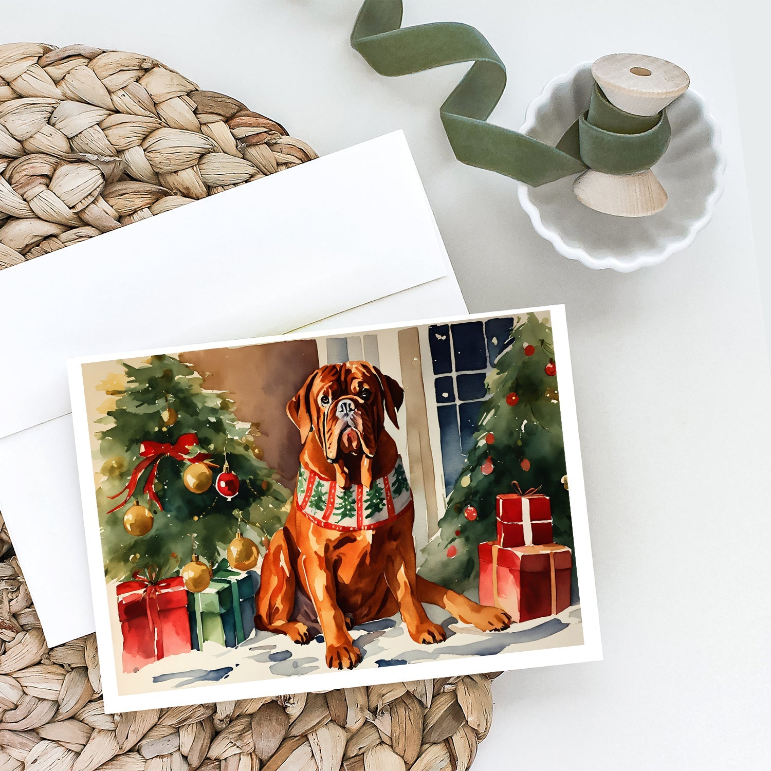 Dogue de Bordeaux Cozy Christmas Greeting Cards Pack of 8 Blank Cards with Envelopes Whimsical A7 Size 5x7