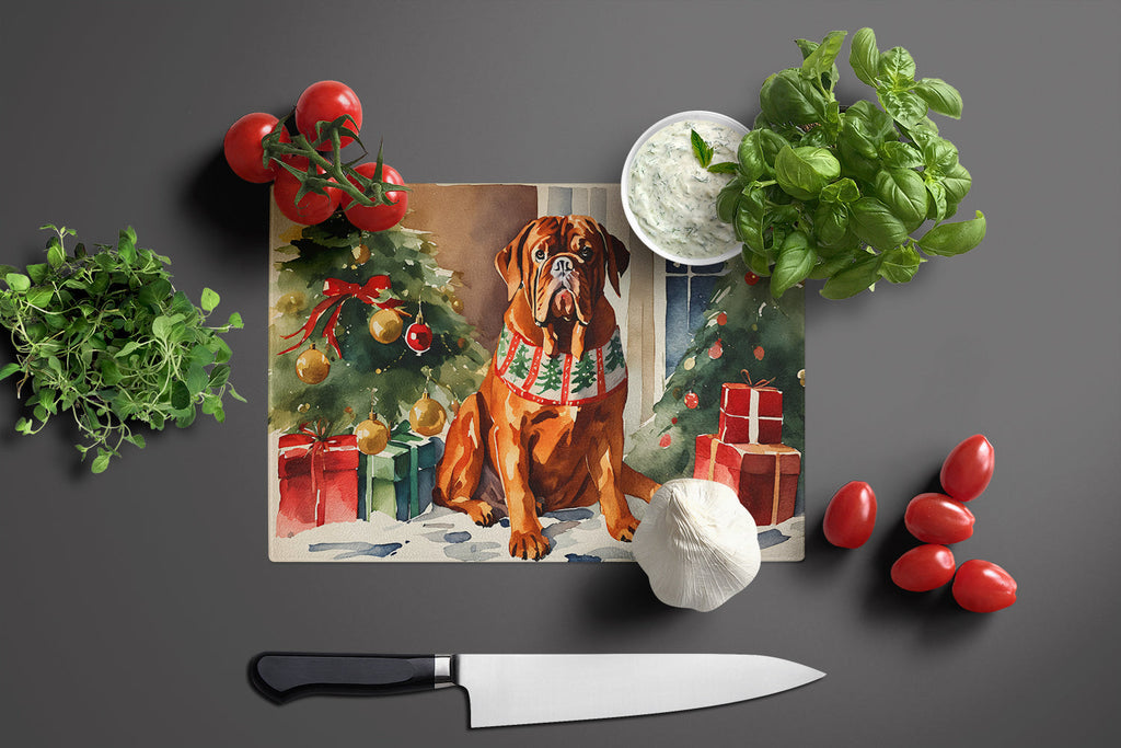 Dogue de Bordeaux Cozy Christmas Cutting Board Tempered Glass Kitchen Cutting Surface, Heat Resistant Chopping, Non-Slip Feet, Food Prep & Serving