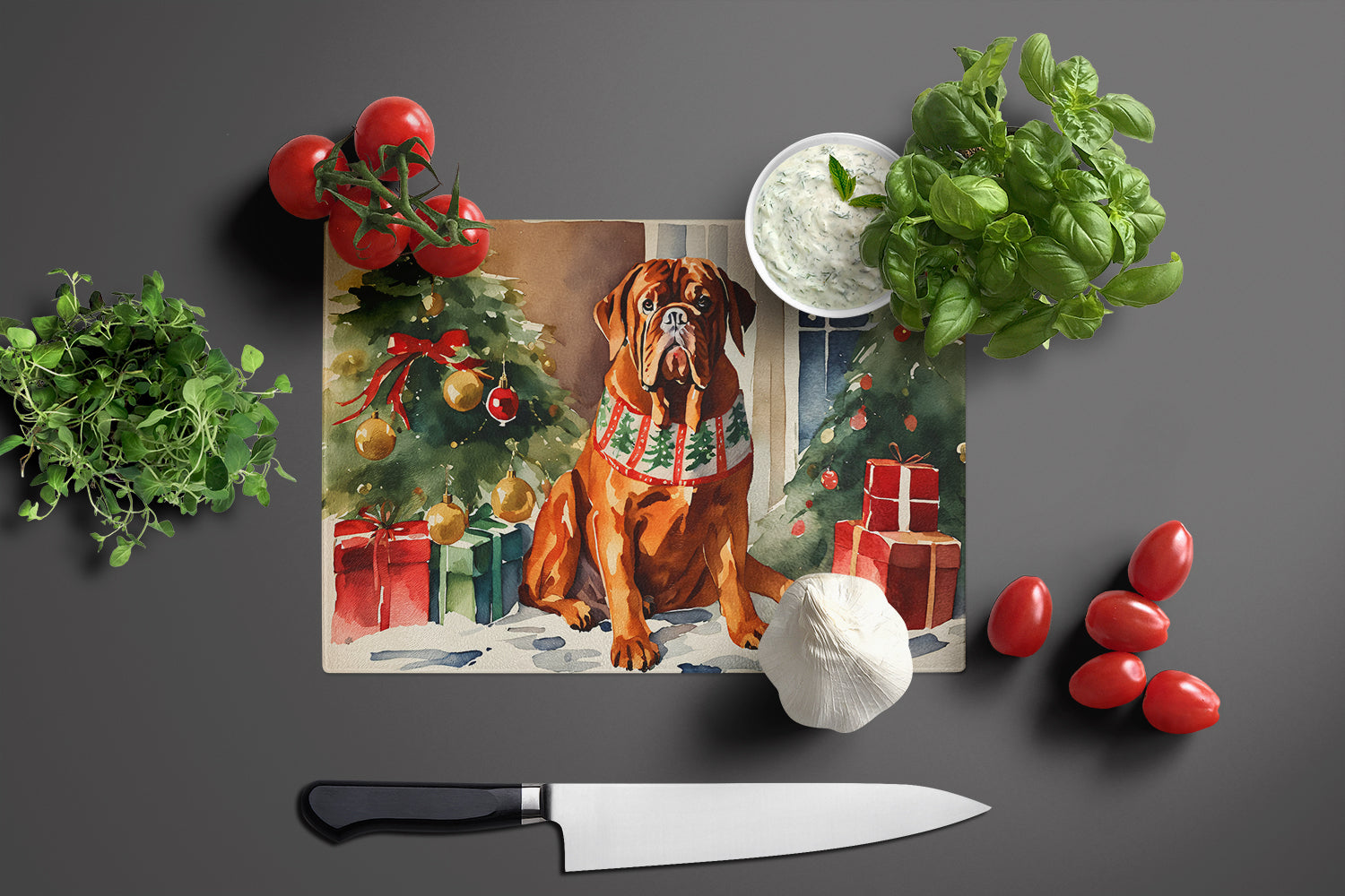 Dogue de Bordeaux Cozy Christmas Cutting Board Tempered Glass Kitchen Cutting Surface, Heat Resistant Chopping, Non-Slip Feet, Food Prep & Serving