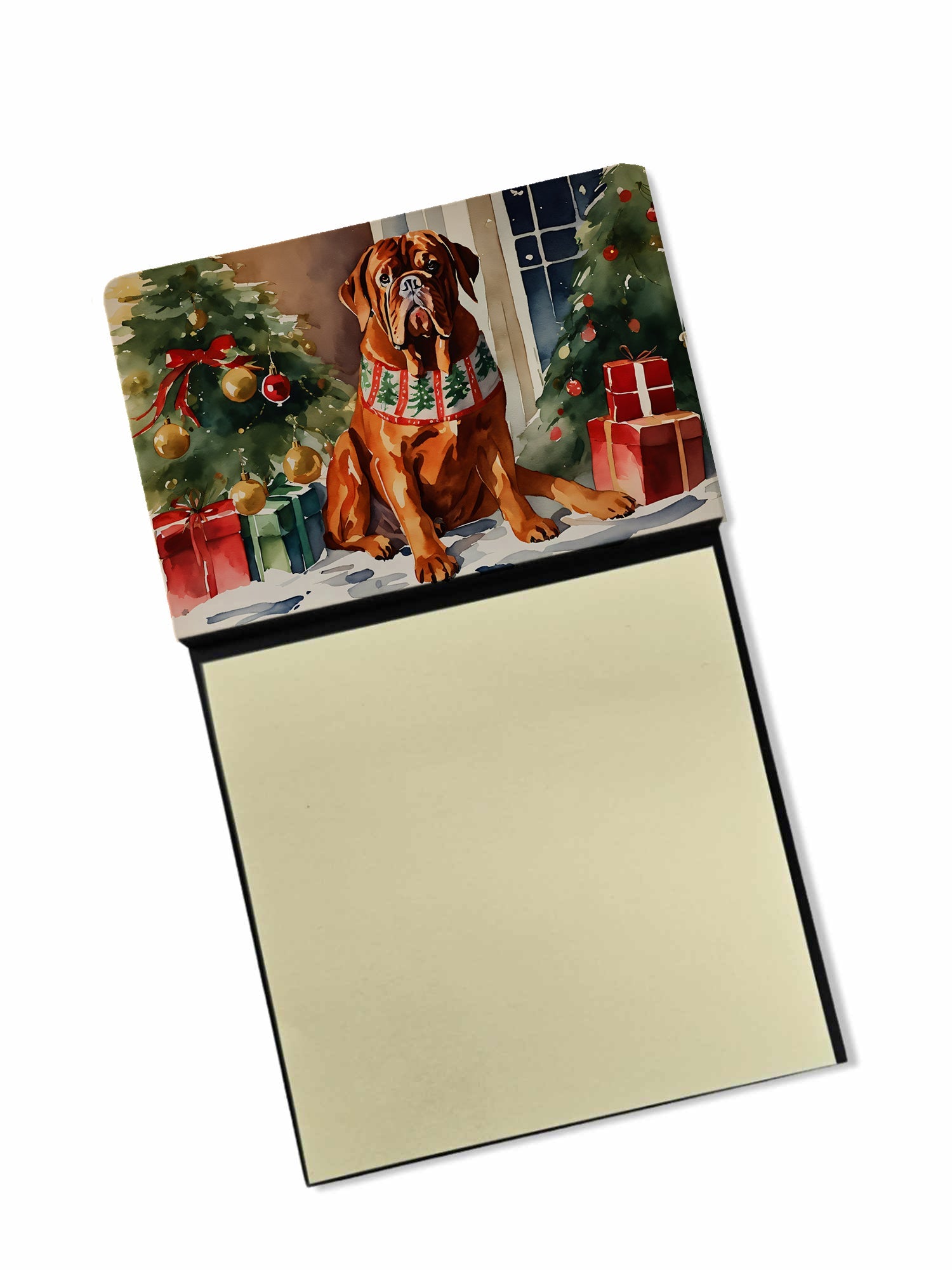 Dogue de Bordeaux Cozy Christmas Watercolor Sticky Note Holder Refillable Dispenser Desk Accessory 3x3 Pad Gift